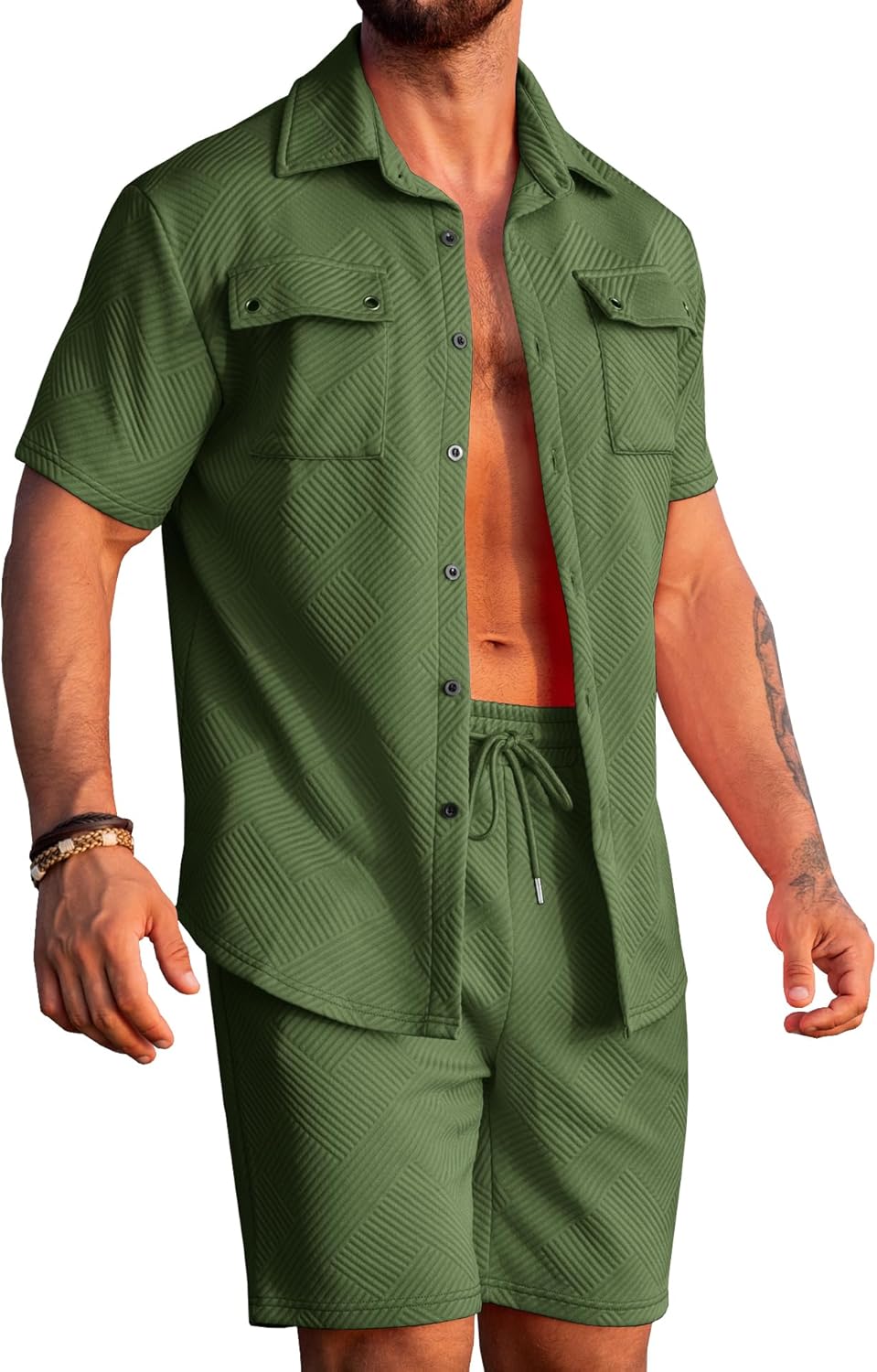 URRU Men’s 2 Piece Outfits Summer Short Sets Casual Short Sleeve Button Up Shirt and Short Set