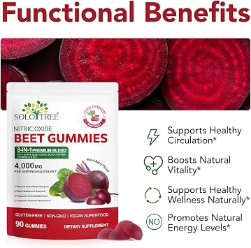 Beetroot Gummies 200mg 20:1 Extract | 8-in-1 NO Boost, CoQ10, L-Arginine, L-Citrulline | Sugar-Free Vegan Gummies 4000mg for Circulation, Energy & Heart Support | Mixed Berry, 90 Gummies