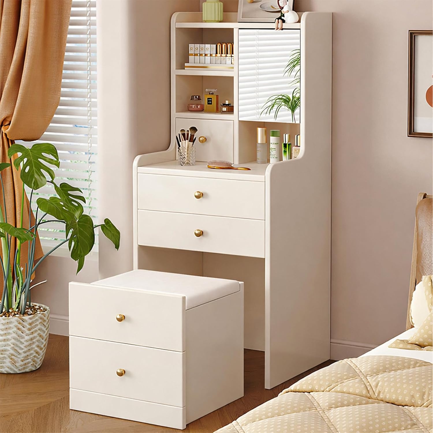 3 in 1 Small Vanity Desk with Light and Mirror Cabinet, Compact Makeup Dressing Table with 4 Drawers, Open Shelves,Hidden Stool, 20" Mini Vanity for Small Space Bedroom Dorm, White