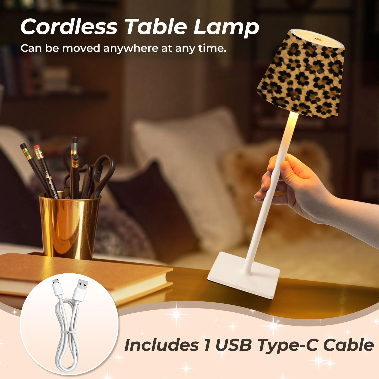 Mahjong Cordless Table Lamp Leopard Skin Animal Leather Cheetah Print LED Desk Lamps Rechargeable 3 Color Dimming Outdoor for Mah Jong Table Nightstand Living Room Gift image 5