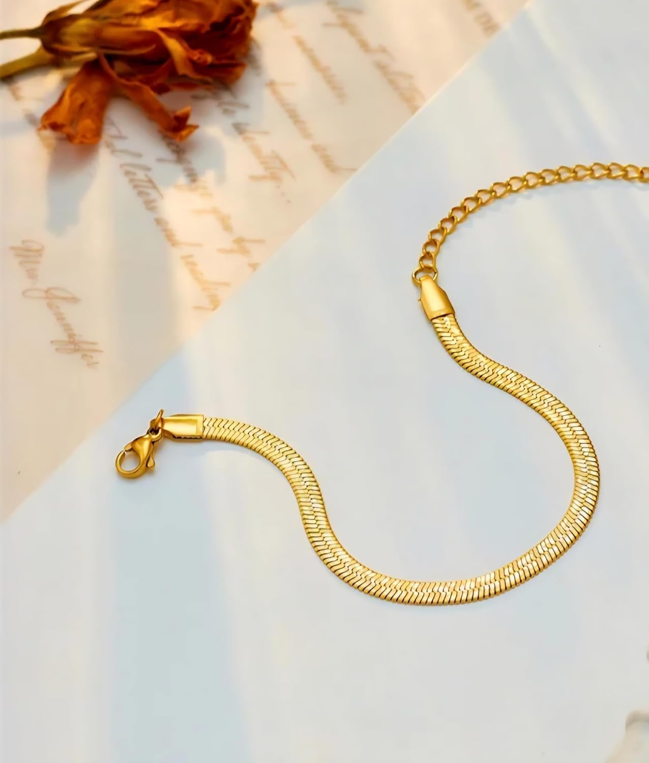 Gold Herringbone Bracelet,18K Gold Plated Dainty Flat Snake Chain, Adjustable Bracelet for Women, Minimalist Everyday Jewelry, Gift for Her - Image 5