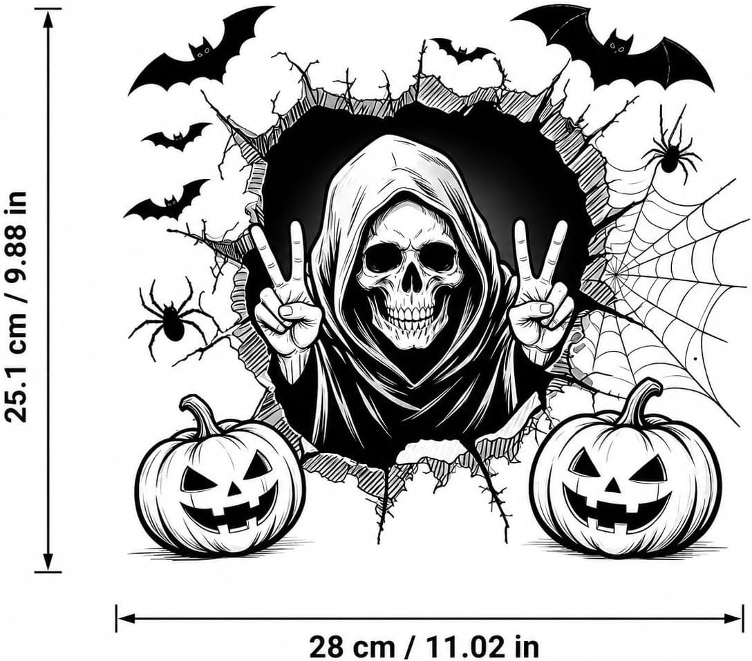 Halloween 3D Crack Toilet Decal, Grim Reaper Skull Bat Horror Vinyl Toilet Lid Seat Sticker, Halloween Theme Party Home Bathroom Decor(Skull Bat)