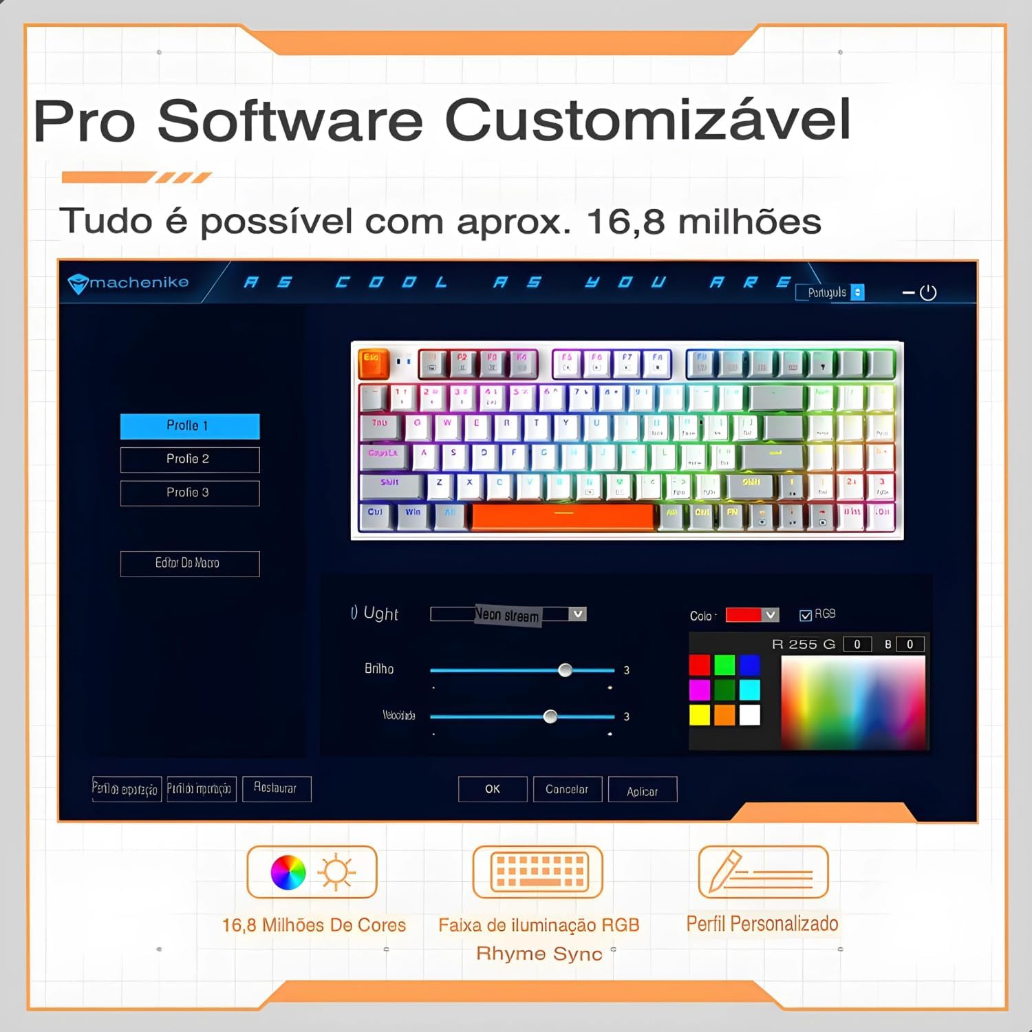 Screenshot of the Machenike K500W software interface, showing options for customizing RGB lighting, macros, and profiles.