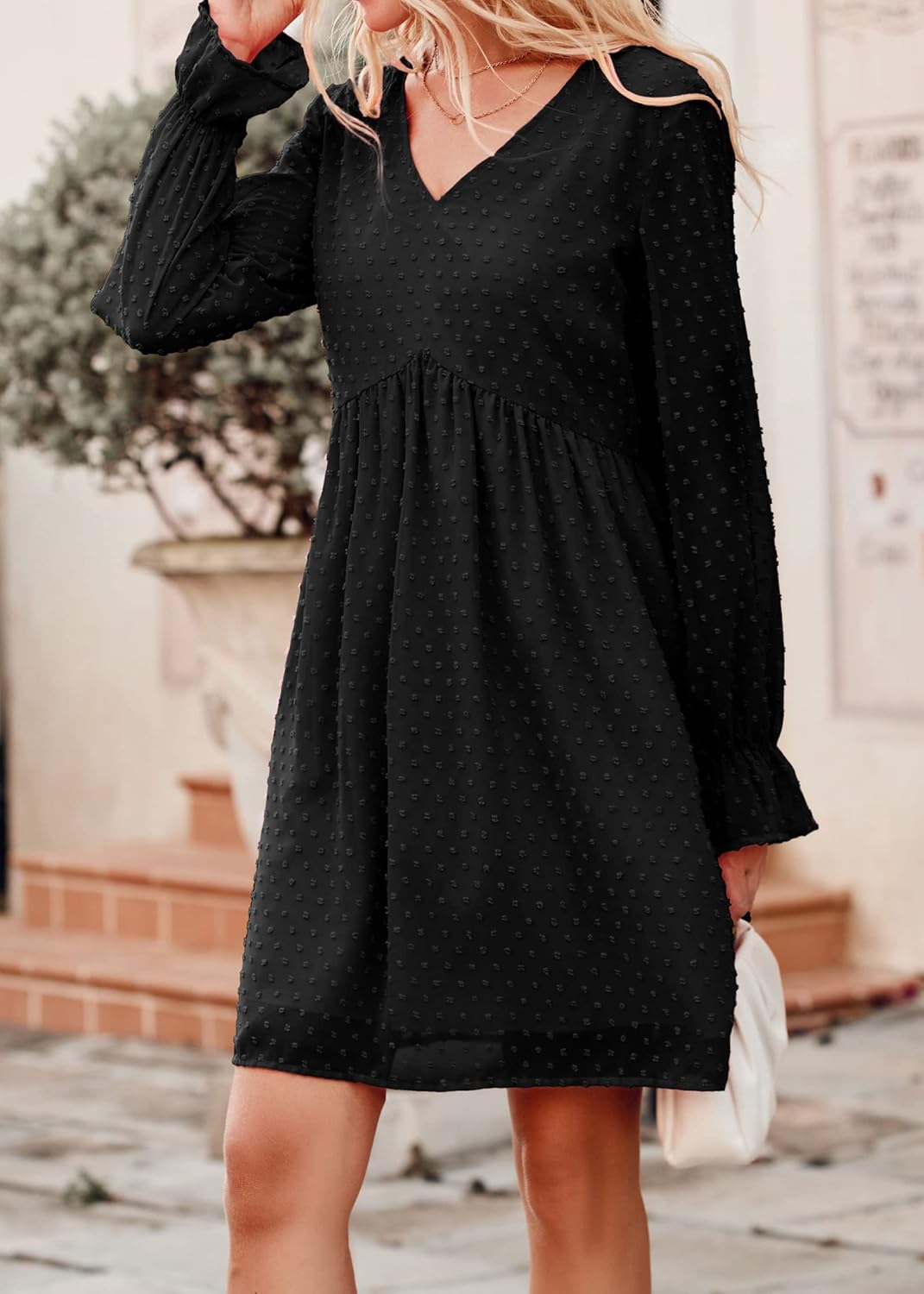 KIRUNDO Womens Dresses 2024 Spring Summer Long Sleeve Mini Dress V Neck Flowy Casual Swiss Dot Loose Babydoll Dress - Image 3