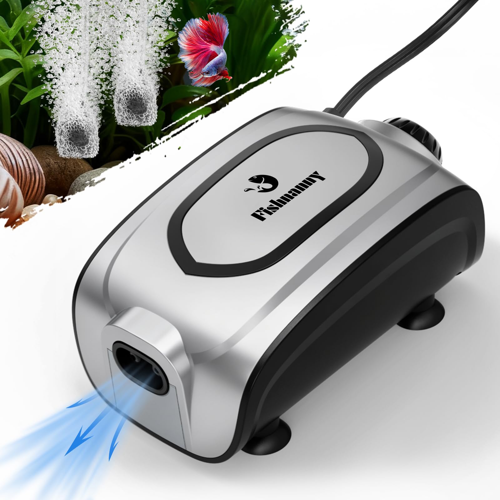 Pompe à air silencieuse 3 W/5 W pour aquarium – Petite et puissante pompe à air à double sortie, pompe aérateur d'oxygène réglable avec kit de bulles pour aquariums de 1 à 600 L (argent