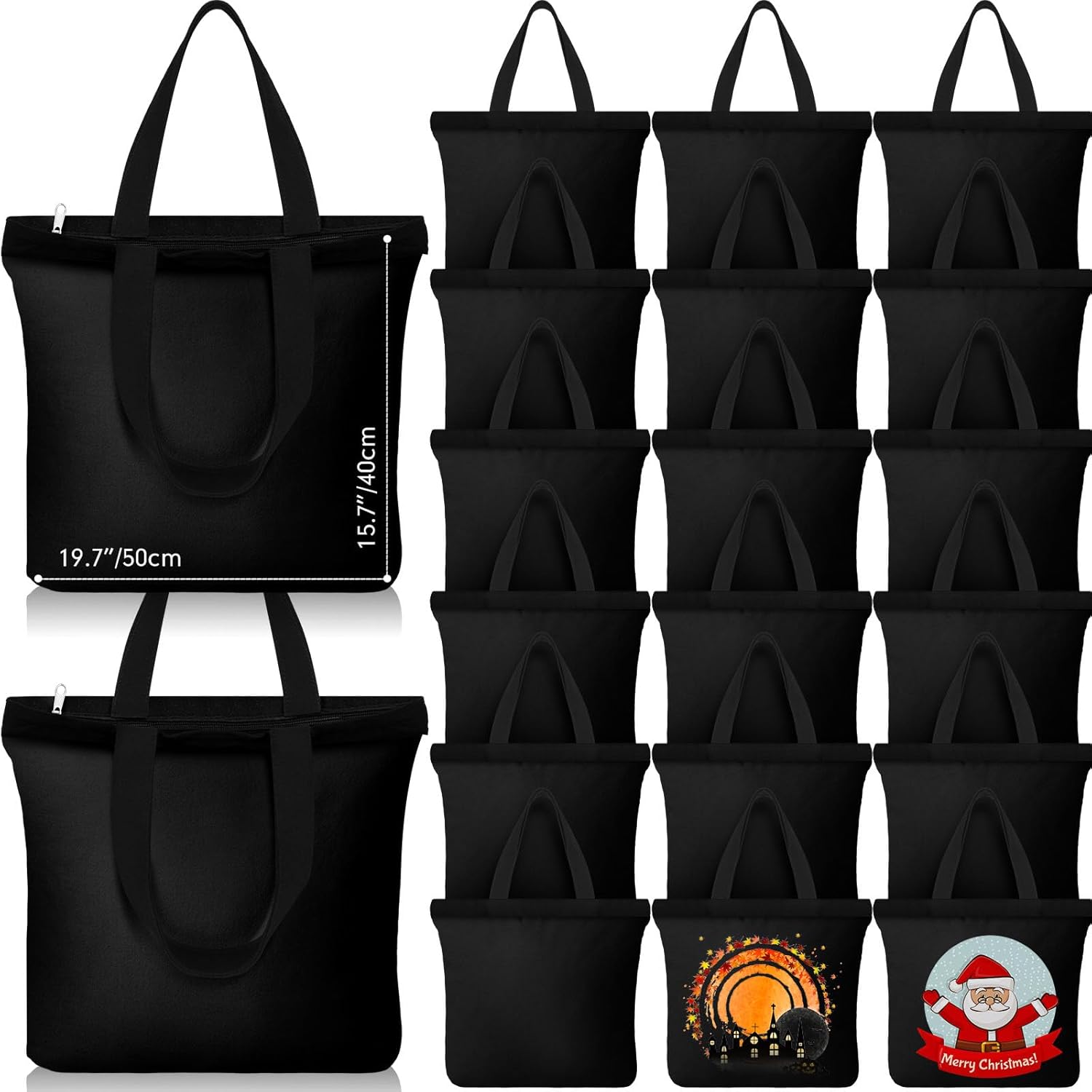 Silkfly 20 Pcs Extra Large Canvas Tote Bags Bulk 19.7x15.8'' Blank Cotton Canvas Bag with Zipper Handles Reusable Plain Grocery Makeup Handbag for DIY (Black)