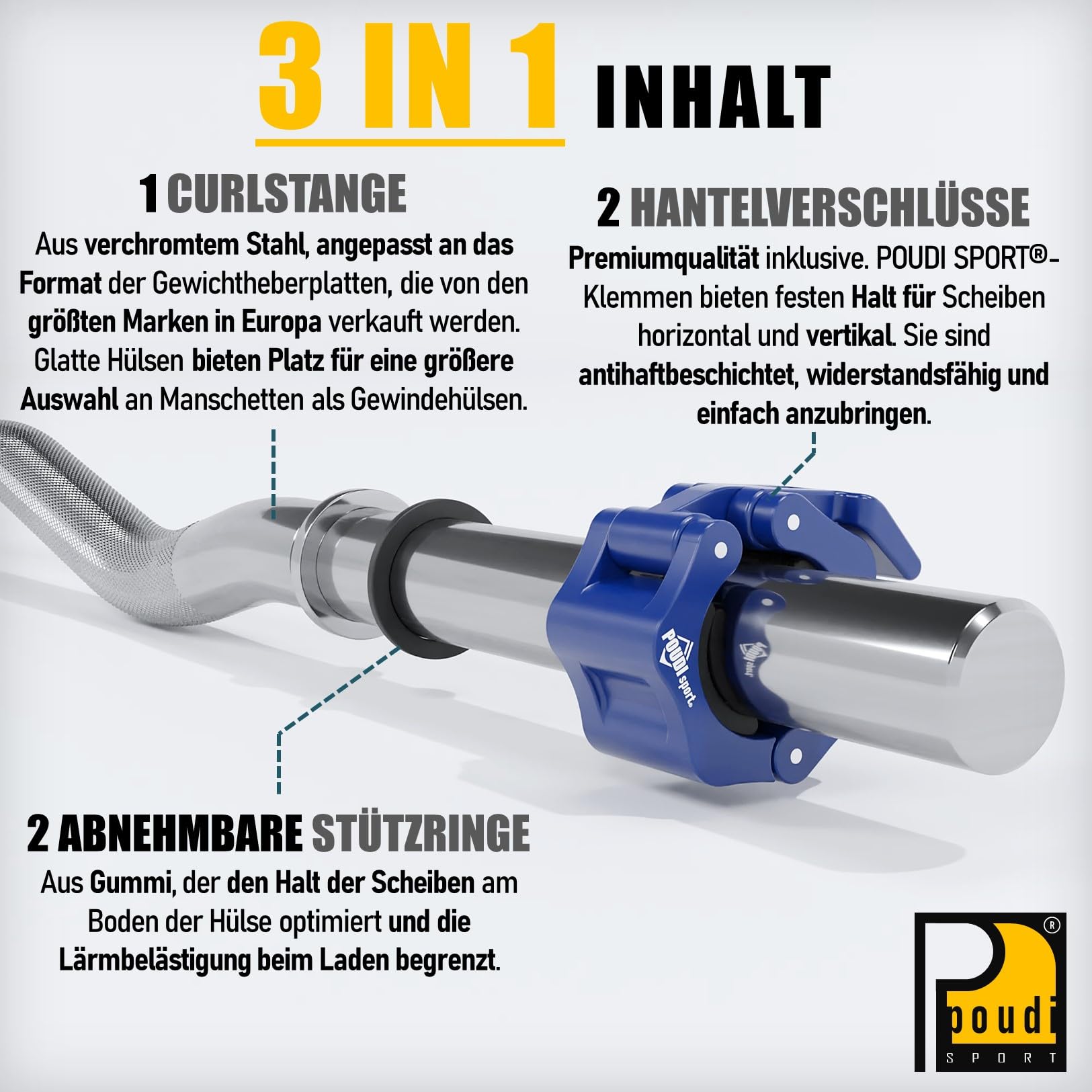 Barre curl EZ de musculation en acier chromé 120cm | 2 colliers de serrage + 2 anneaux amovibles | Ø : 28mm ou 30mm