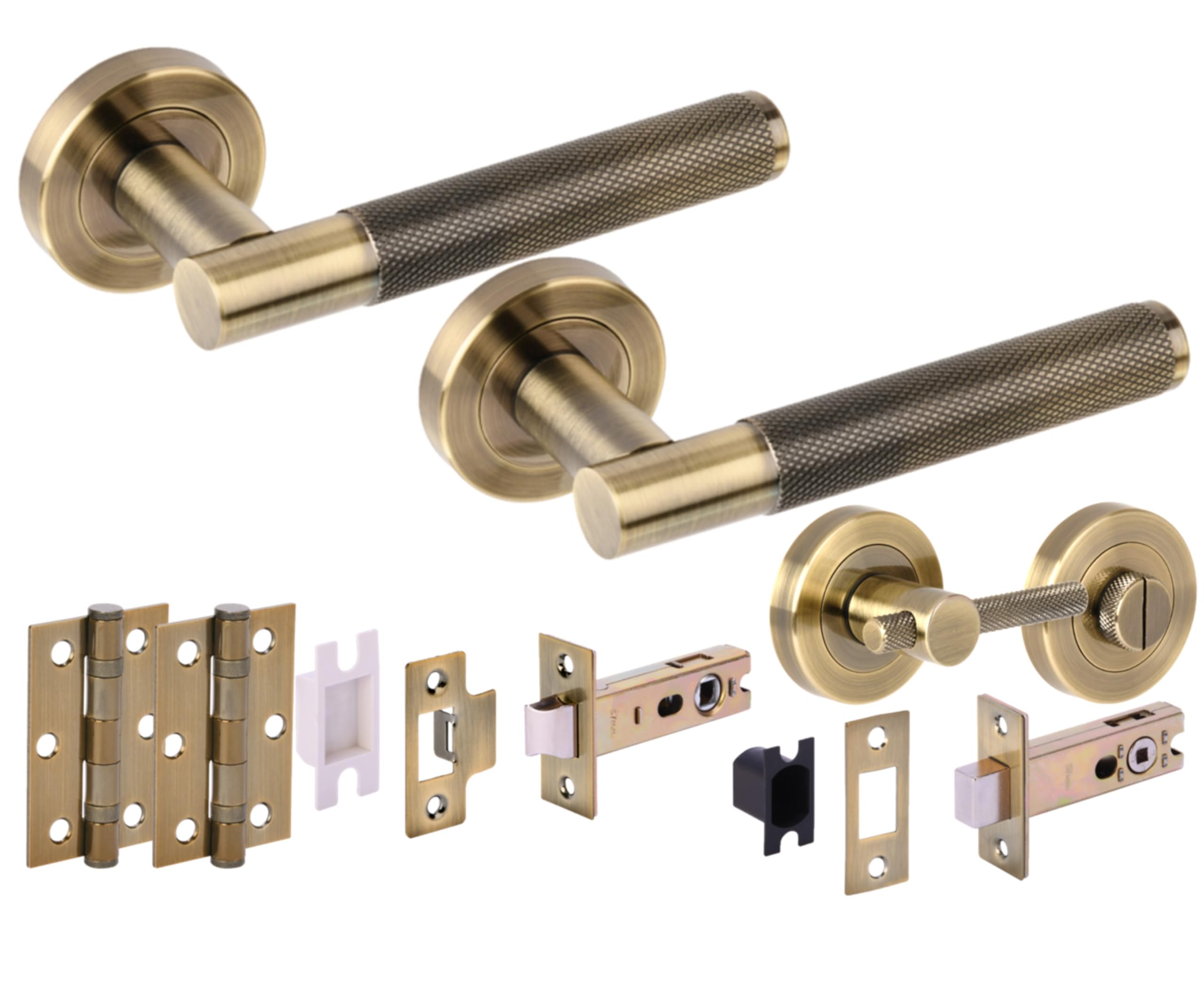 Hunta HANDLEZONE® Evo Knurled Grip Door Handles on Rose Bathroom Deadbolt Pack with Knurled Turn Set, 76mm Latch and Lock, 75mm Ball Bearing Hinges - Antique Bronze