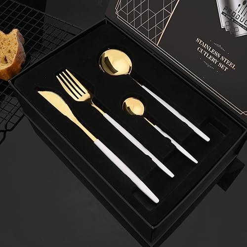 Miniatura 46 de JASHII Juego de cubiertos de 24 piezas con caja de regalo, juego de cubiertos de acero inoxidable para 6, regalo de inauguración de la casa, mango
