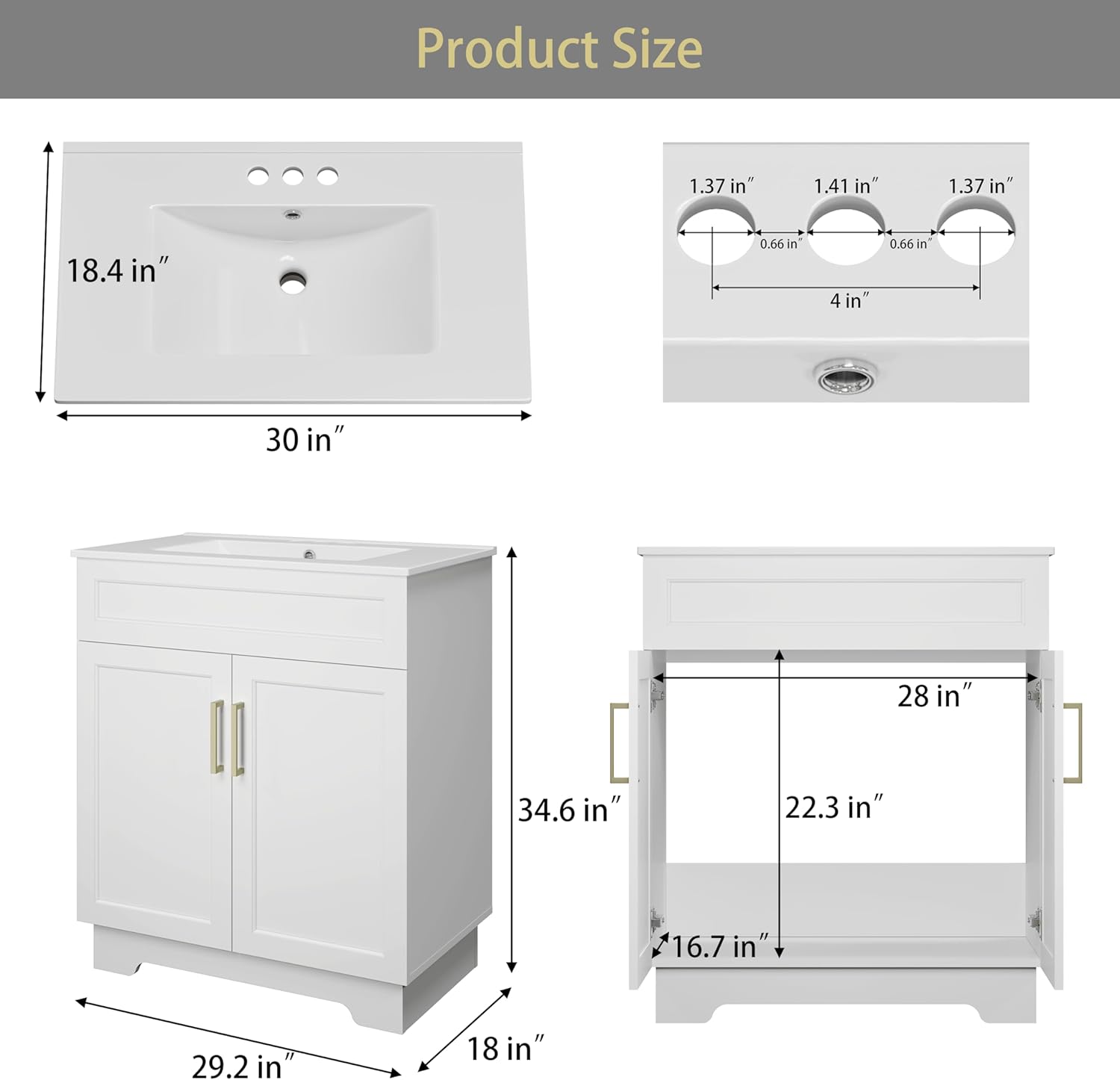 OLD CAPTAIN Bathroom Vanity with Ceramic Sink, 30" Freestanding Quick Assembly Bathroom Vanity Cabinet with Storage, White