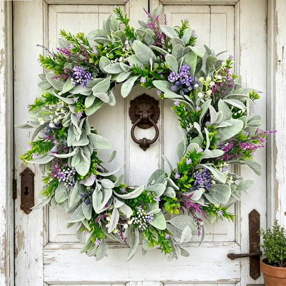Ghirlanda di eucalipto artificiale, 45 cm, con lavanda, parte anteriore | Ghirlanda di eucalipto artificiale da 45 cm con accenti di lavanda, parte anteriore verde per decorazione porta per ingresso