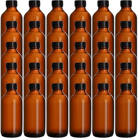 Bekith 30 Pack 4 oz Amber Glass Bottles, Boston Round Sample Bottles with Black Poly Cone Cap for Potion, Juice, Ginger Shots, Oils, Whiskey, Liquids