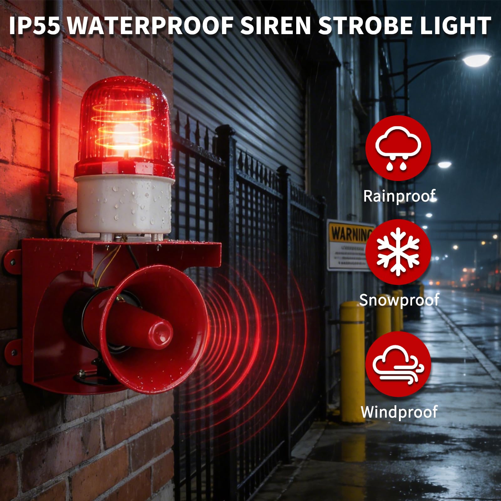 AC110V-120V - Alarma de sirena industrial con luz estroboscópica de 120 dB, cuerno fuerte y faro rojo, alarma de seguridad impermeable para interiores y exteriores para emergencias, fábrica, oficina,