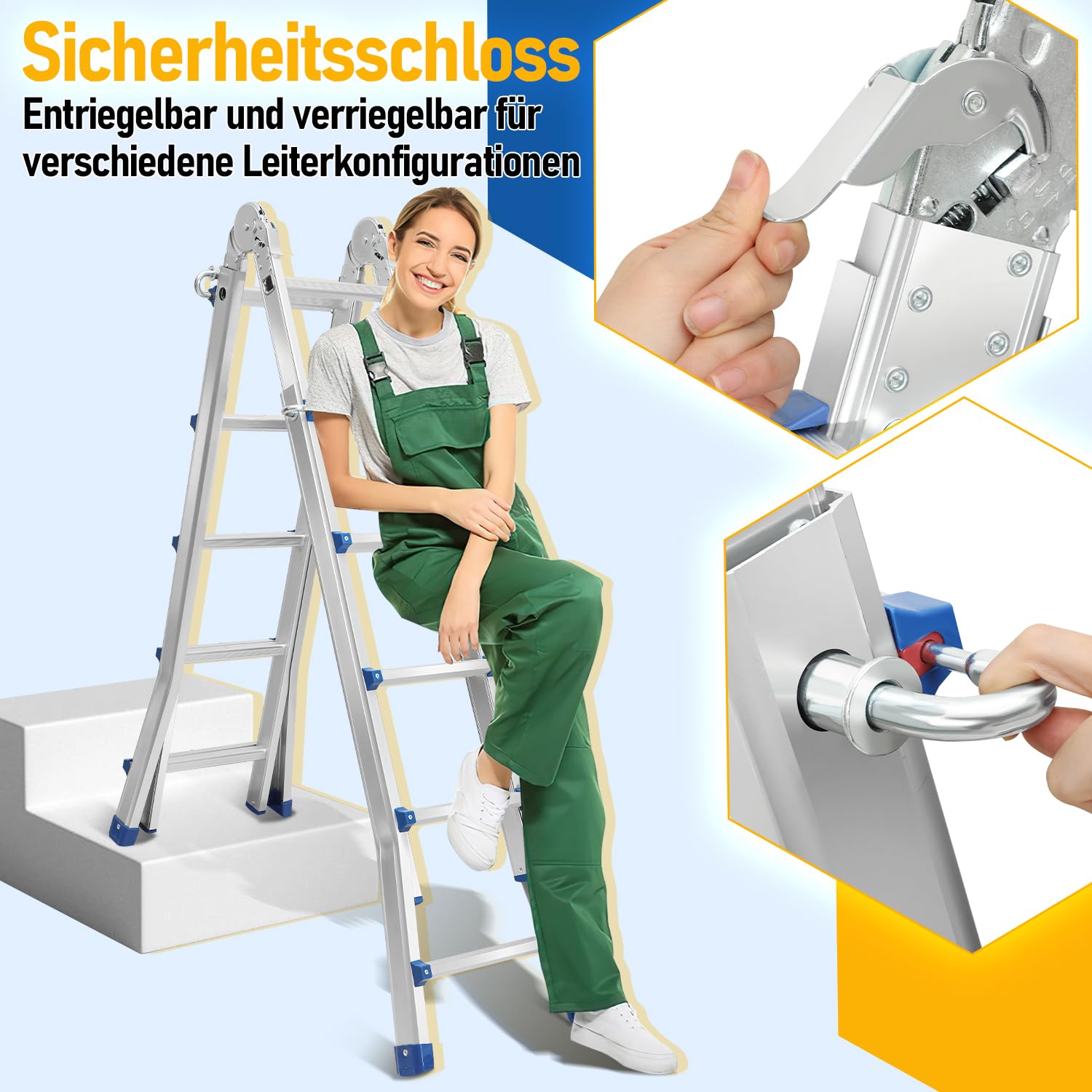 Lospitch Scala multifunzione, 513 cm, 4 x 5 gradini, in alluminio 3 in 1, scala telescopica multifunzione, regolabile, antiscivolo, scala pieghevole, portata fino a 150 kg
