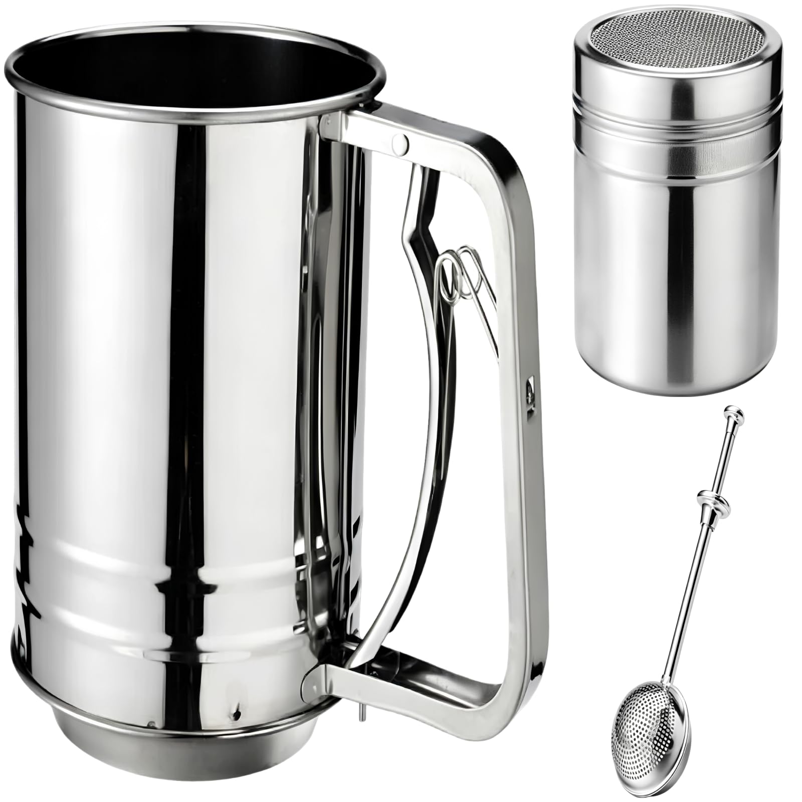 3er-Set Mehl- und Pulversiebe aus Edelstahl, 20-Mesh-Doppelsieb mit Druckhebel, Bechersieb, Puderzucker-Streuer und Langsieblöffel für Kuchen, Brot, Kakao, Gebäck und Desserts