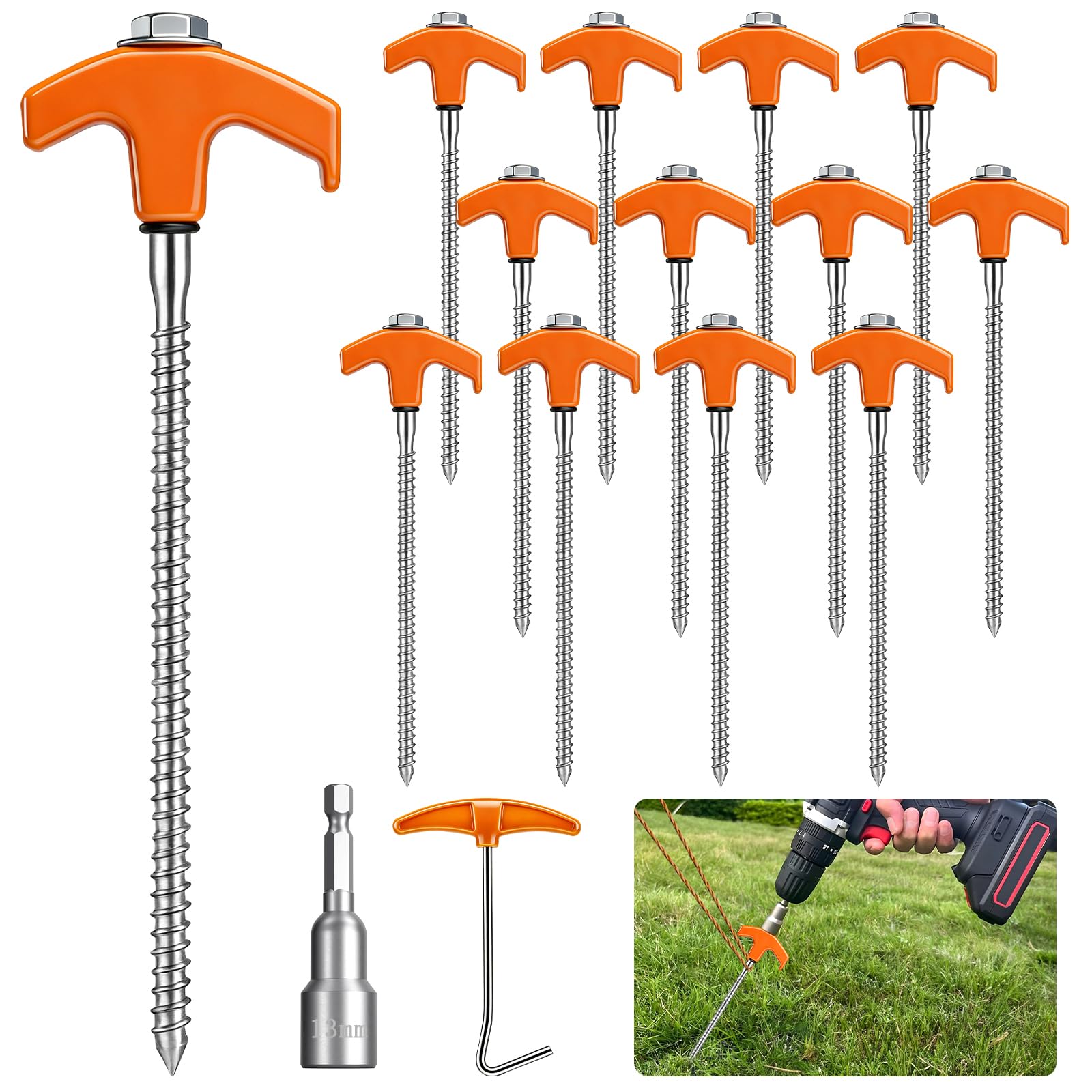 Lot de 12 Piquet de Tente à Visser,Sardines de Fixation Tente en Acie,Piquet Ancrage avec Filetage, Douille Hexagonale et Extracteur pour Bâche, Auvent, Camping et Randonnée