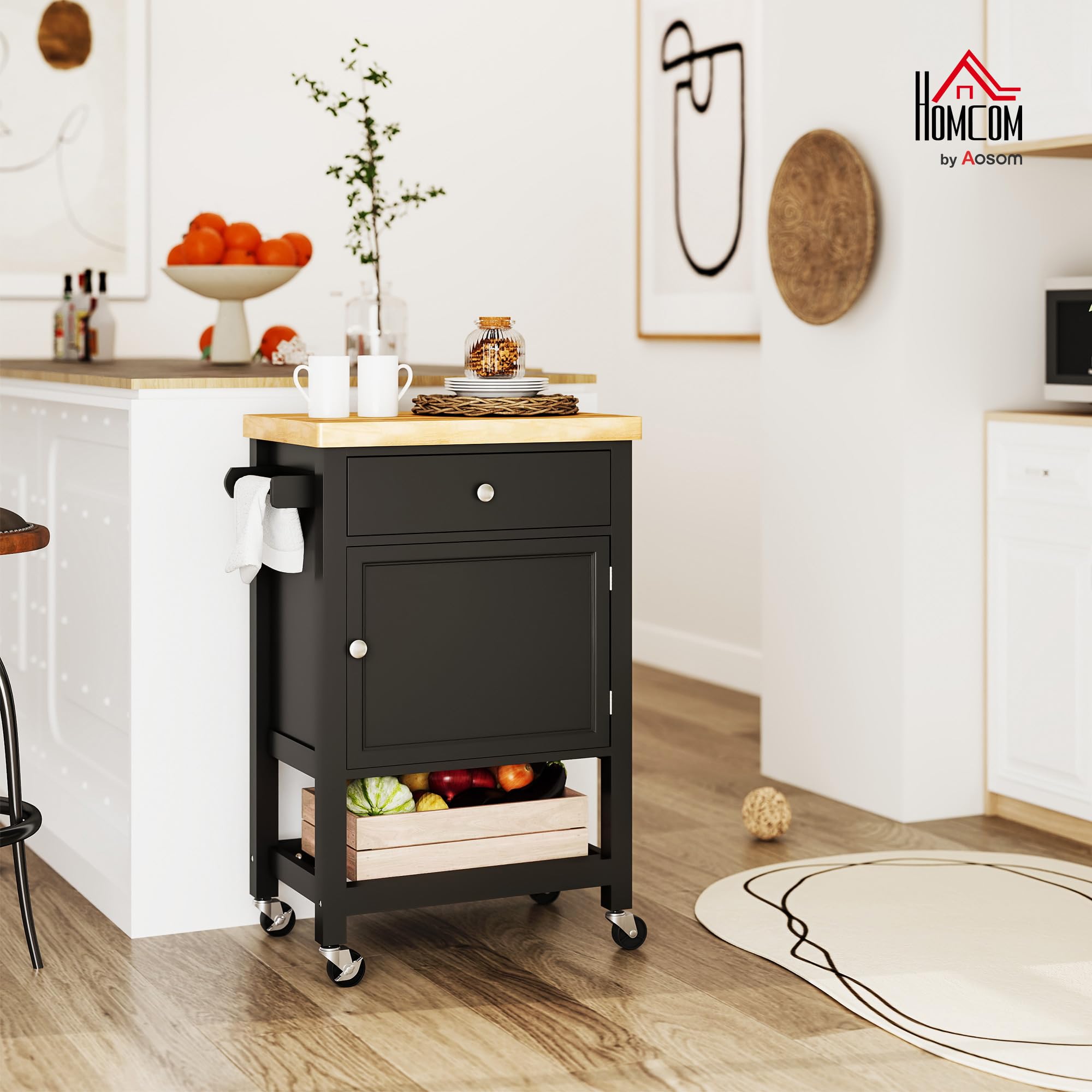 HOMCOM Carro de cocina con ruedas, carro para servir, encimera de madera de caucho, cajón, armario y toallero, carro de cocina y comedor, 63,5 x 40 x 90 cm, negro