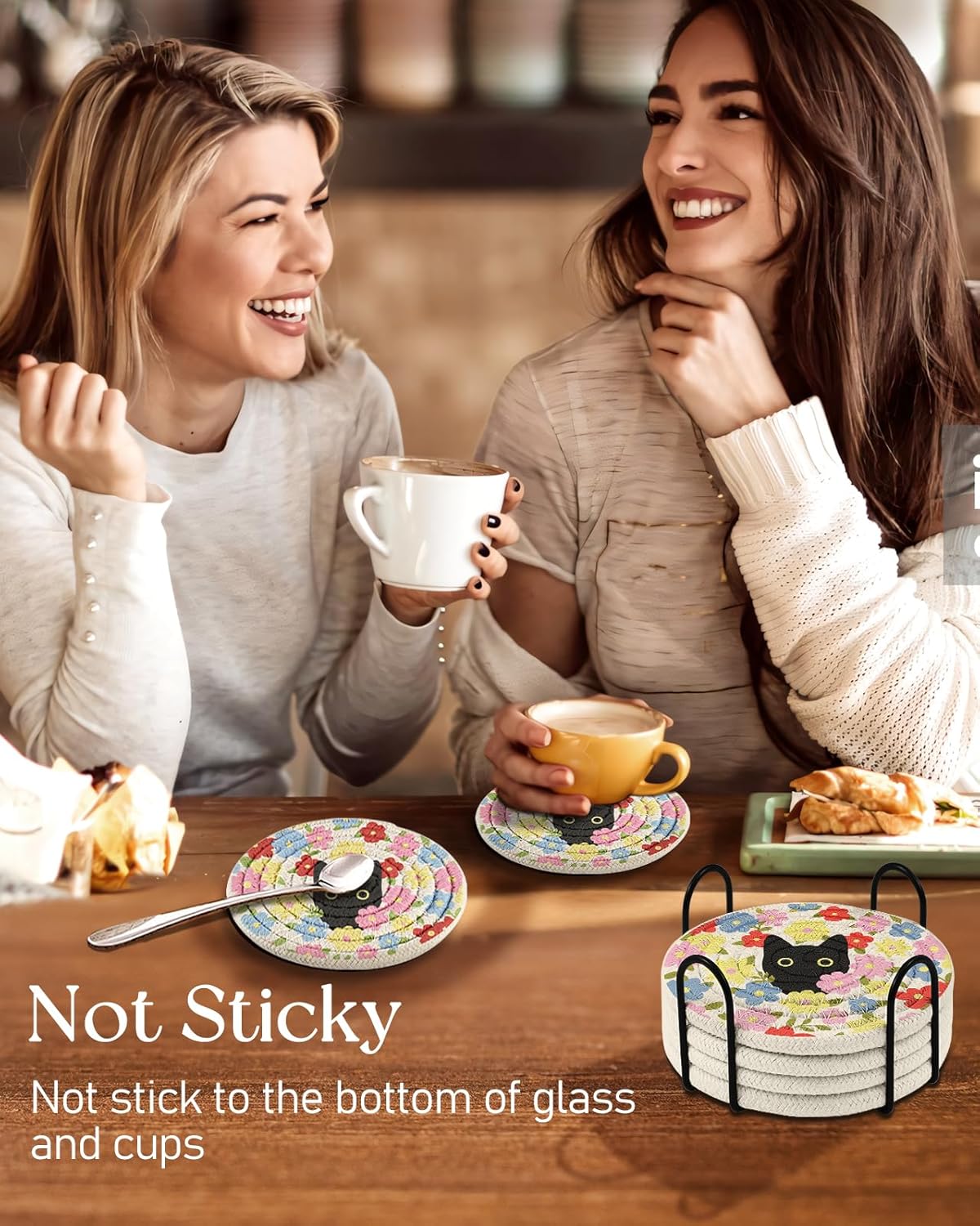 Drink Coasters Set of 6 - Cup Absorbent Coasters for Drinks Coffee Table Home Office Desk Decor Soft Woven Cotton Cloth Braided Fabric Drinking Cup Mat with Holder Cute Cat Flower - Image 6