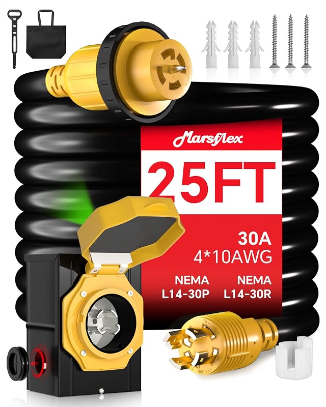 30 Amp 25FT Generator Cord and Power Inlet Box, 14-30P / L14-30R | 4 Prong Extension Cord Combo Kit, NEMA 3R, Pre-Drilled, Waterproof Outdoor, ETL Listed, 125/250V, 7500W, 10/4 AWG STW Wire