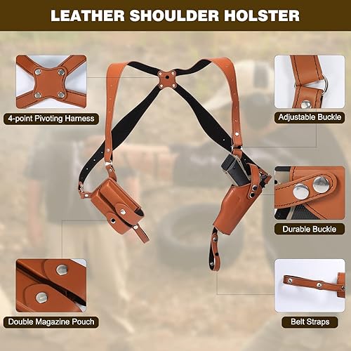 Miniatura 2 de Funda de Hombro General Vertical Funda de Pistola de Cuero Ajustable para Transporte Oculto con Doble Bolsa de Cargador Ajustable para Glock 1911 y