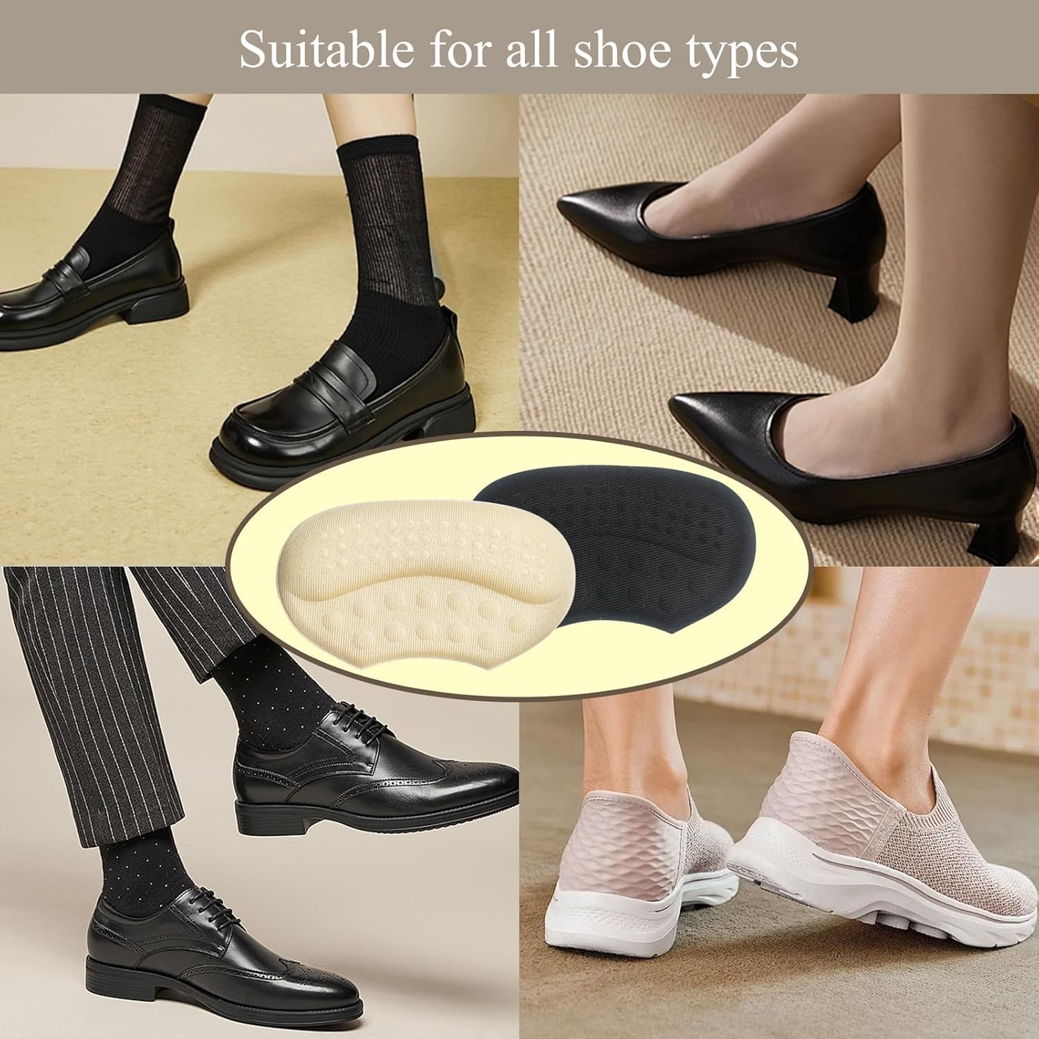 MEBISO MEBISO Heel Pads for Shoes That Are Too Big, Non-Slip Heel Grips with Cushioned Inserts, Prevent Blisters & Heel Slippage, Fits Men & Women (2, BEIGE+BLACK, NEW ROUND HEEL) 4