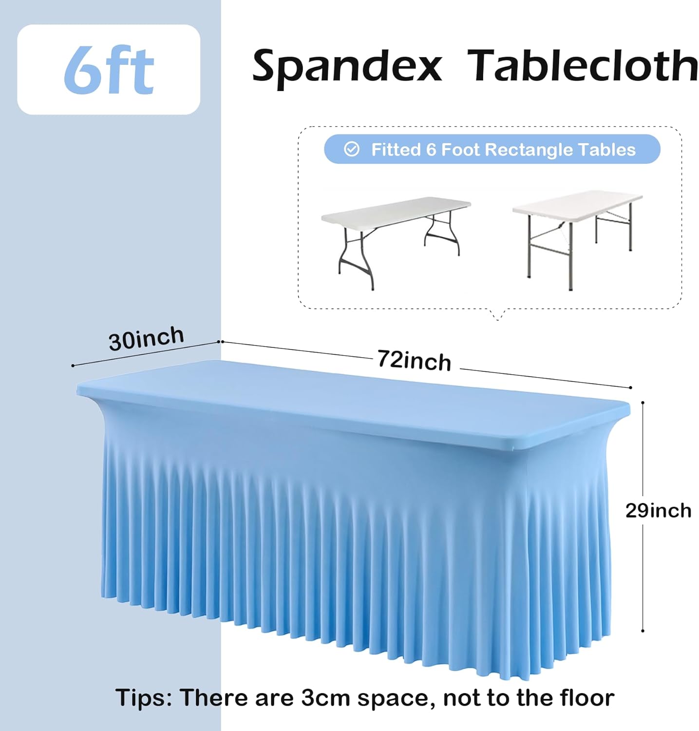 2 pk Baby Blue Spandex Tablecloth 6ft With Ruffle Table Skirt, Wrinkle Free Stretchy Fitted Tablecloths for 6 Foot Rectangle Tables, Elastic Spandex Table Covers for Weddings Parties Banquet Craft