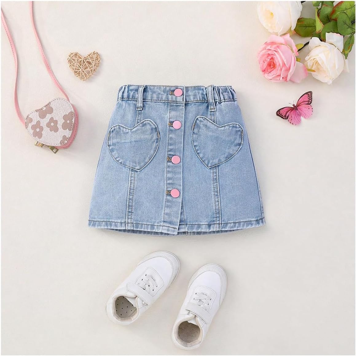 Girl's Heart Pattern High Waist A Line Skirt Casual Regular Fit Short Denim Skirts - Image 4