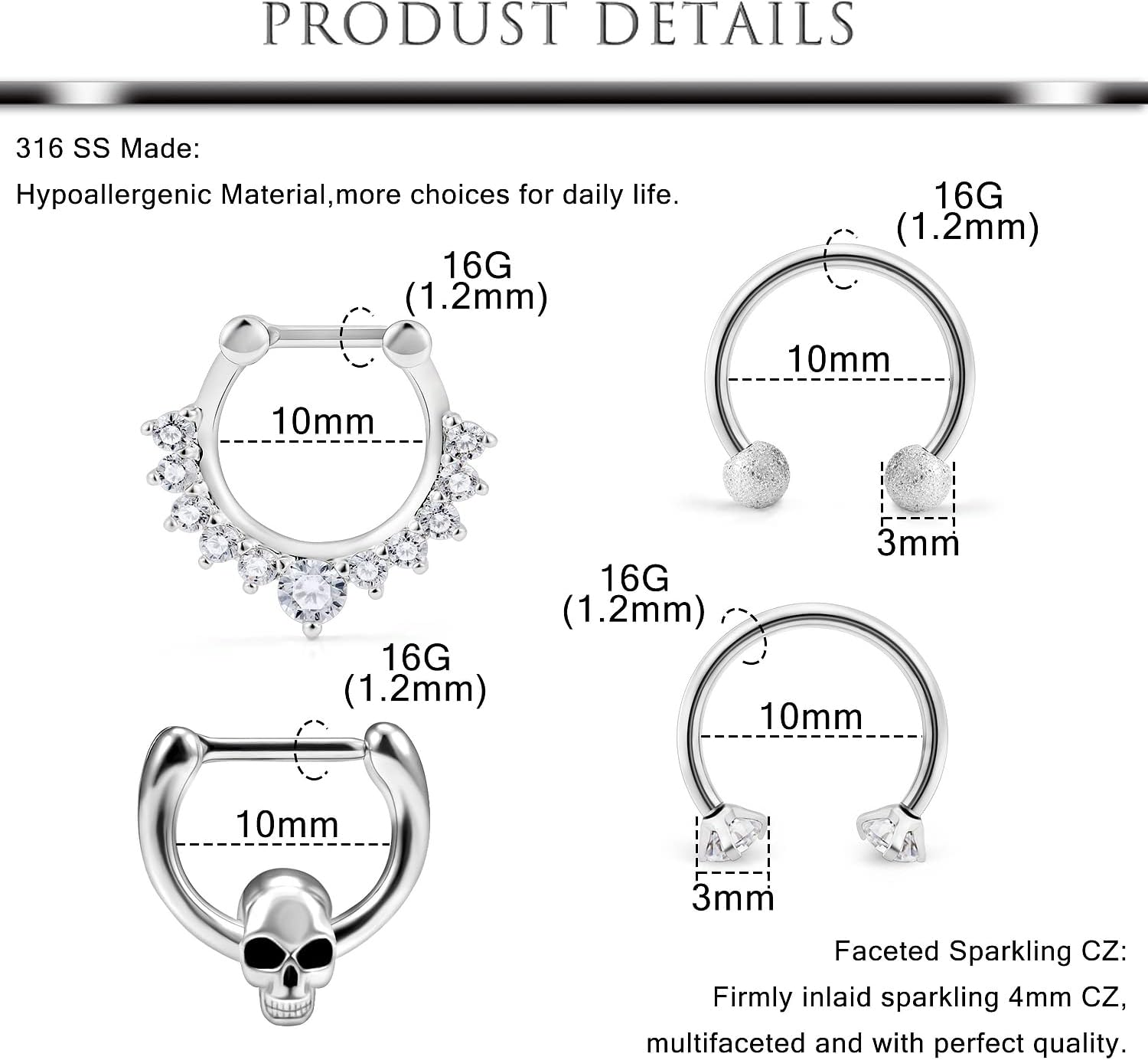 Hoeudjo Septum Rings Surgical Steel Septum Jewelry 16G Nose Hoop Rings Clicker Piercing Jewelry with Clear CZ Daith Helix Tragus Lip Cartilage Earrings for Women Men