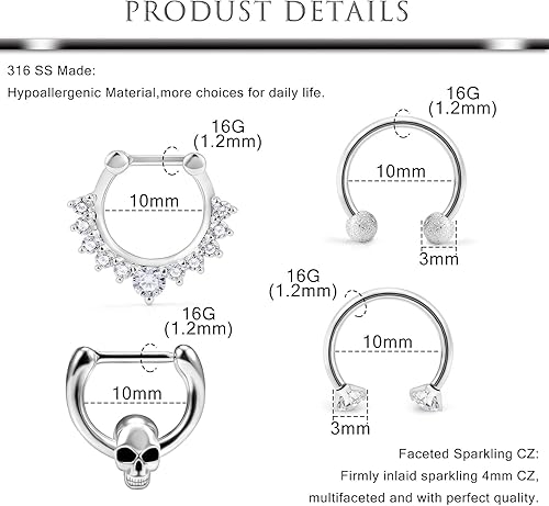 Miniatura 2 de Hoeudjo Piercing para el tabique clicker de acero quirúrgico 16G, joyería de piercing corporal con circonita cúbica transparente, para mujeres y