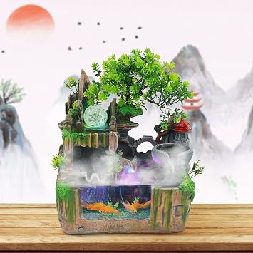 Xuthusman Rockery Fountain Indoor with Led Lights Mist Effect,Waterfall Desk Fountain with Rotating Crystal Ball Small Waterfall Spring for Home Office Decor Home Gifts for Friends or Family