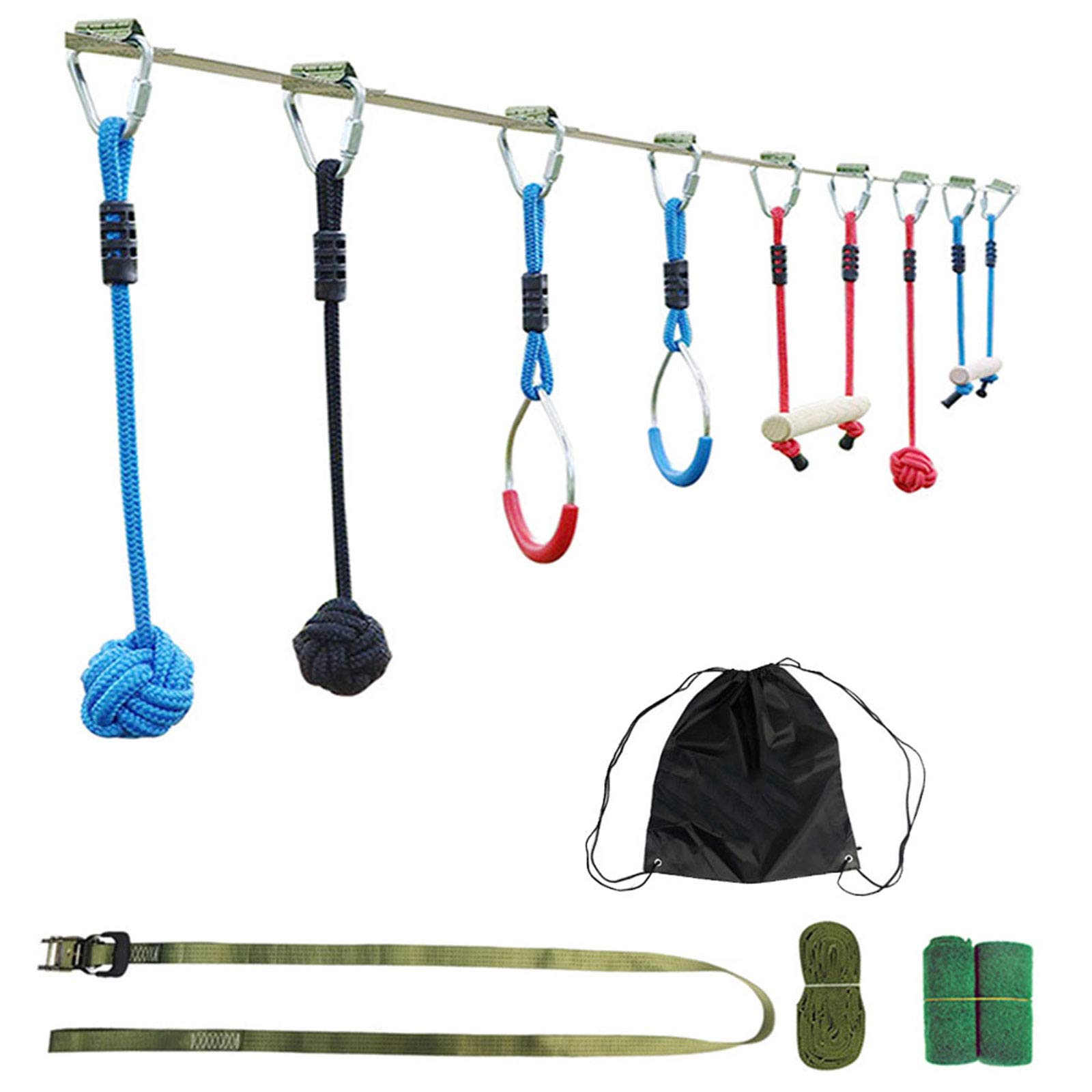 Ninja Warrior Obstacle Course for Kids, Portable Slackline Monkey Bars Kit, 10m Length, Adjustable Obstacle Position, Backyard Fun for Ages 5-17