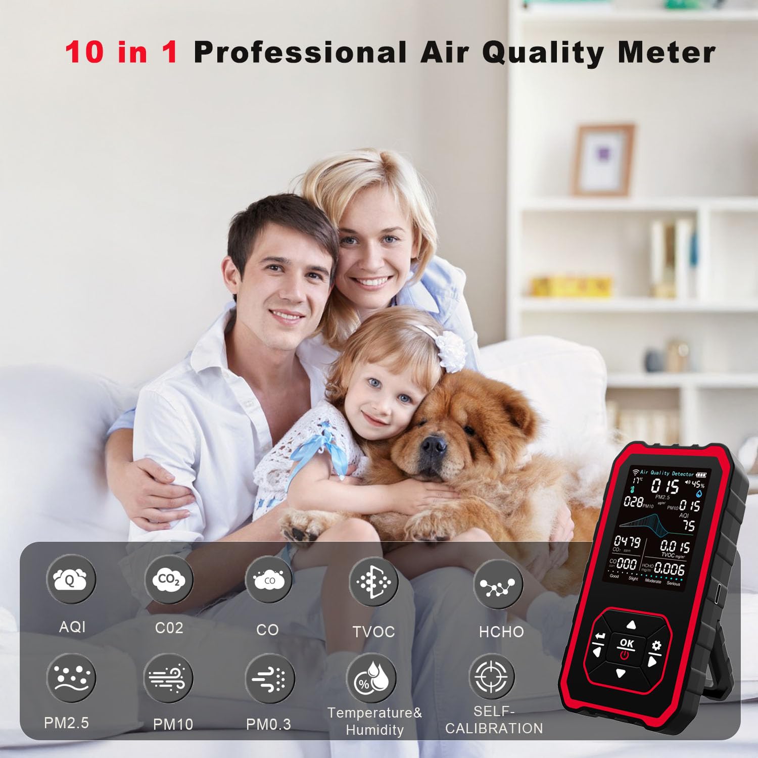 Rilevatore di Qualità dell'Aria Interno 10 in 1, Monitor Digitale con Rilevazione PM2.5 PM10 HCHO TVOC AQI,Sensore di Temperatura e Umidità,Ricarica USB,Portatile per Casa, Ufficio, Viaggi e Grow Tent