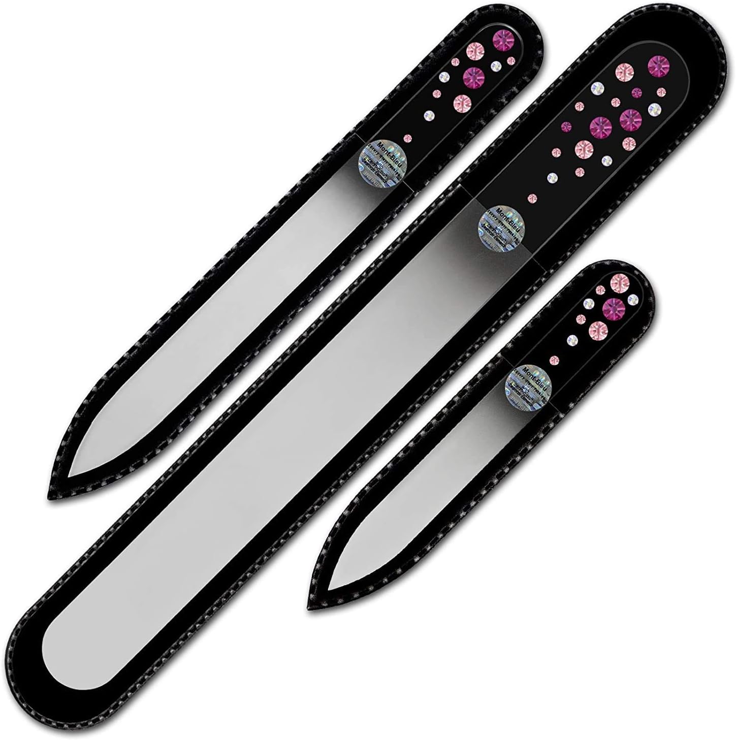 Mont Bleu Set of 3 Glass Nail Files Hand Decorated with Crystals from Swarovski® | Hand Made, Czech Tempered Glass, Lifetime Guaranty