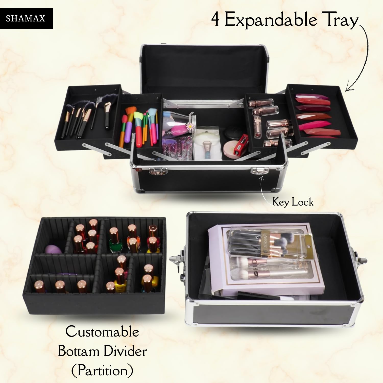 SHAMAX Professional Vanity Trolley for MUA's, Salons with 4 Wheels (Train Case) 2