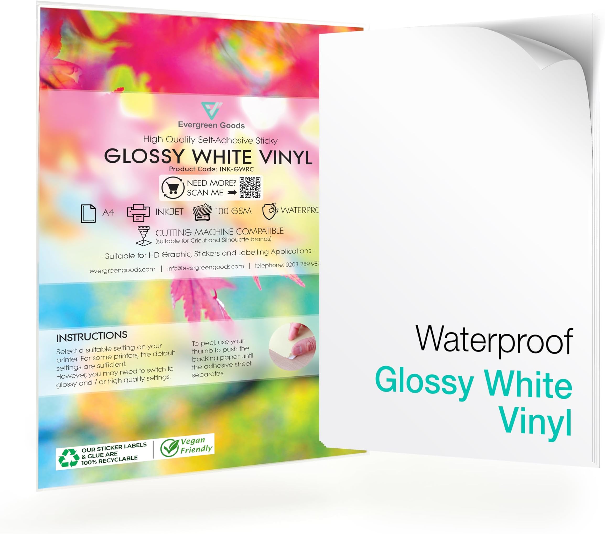 Evergreen Goods 20 Sheets A4 Waterproof Self-Adhesive Glossy White Vinyl Sticker Paper | Printable Sticker Paper for Inkjet and Laser Printers | Sticker Sheets for Label & Sticker Printing