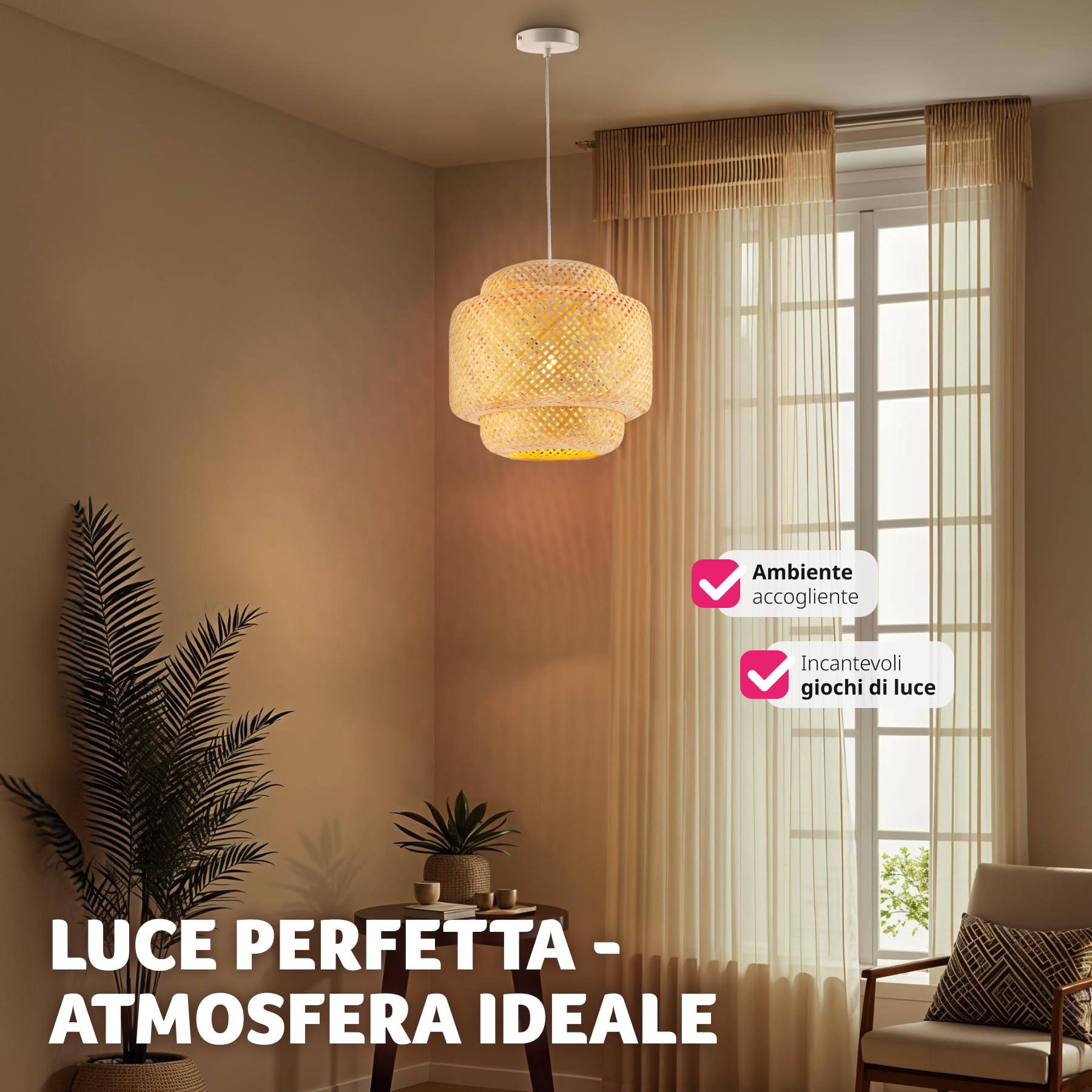 tectake® Lampada da Soffitto con Paralume in Bambù Intrecciato, Plafoniera Grande per Salotto o Camera, Stile Boho Chic, Telaio Robusto in Acciaio, Cavo Regolabile - Marrone