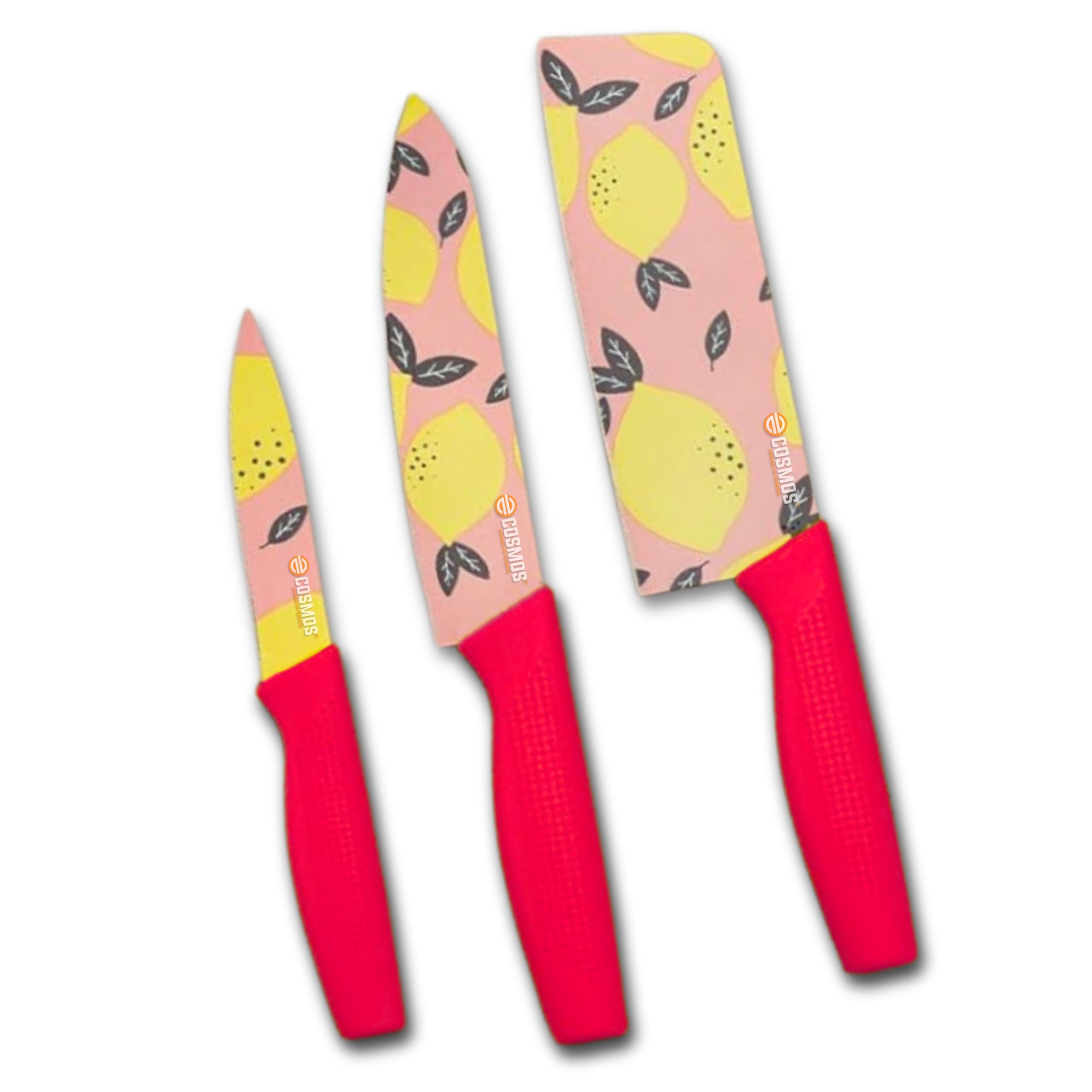 E-COSMOS® Professional 3-Piece Kitchen Knife Set - High Carbon Stainless Steel Chef, Utility & Santoku Knives with Ergonomic Blue Handles (3 Pc Knife Set) (Red)