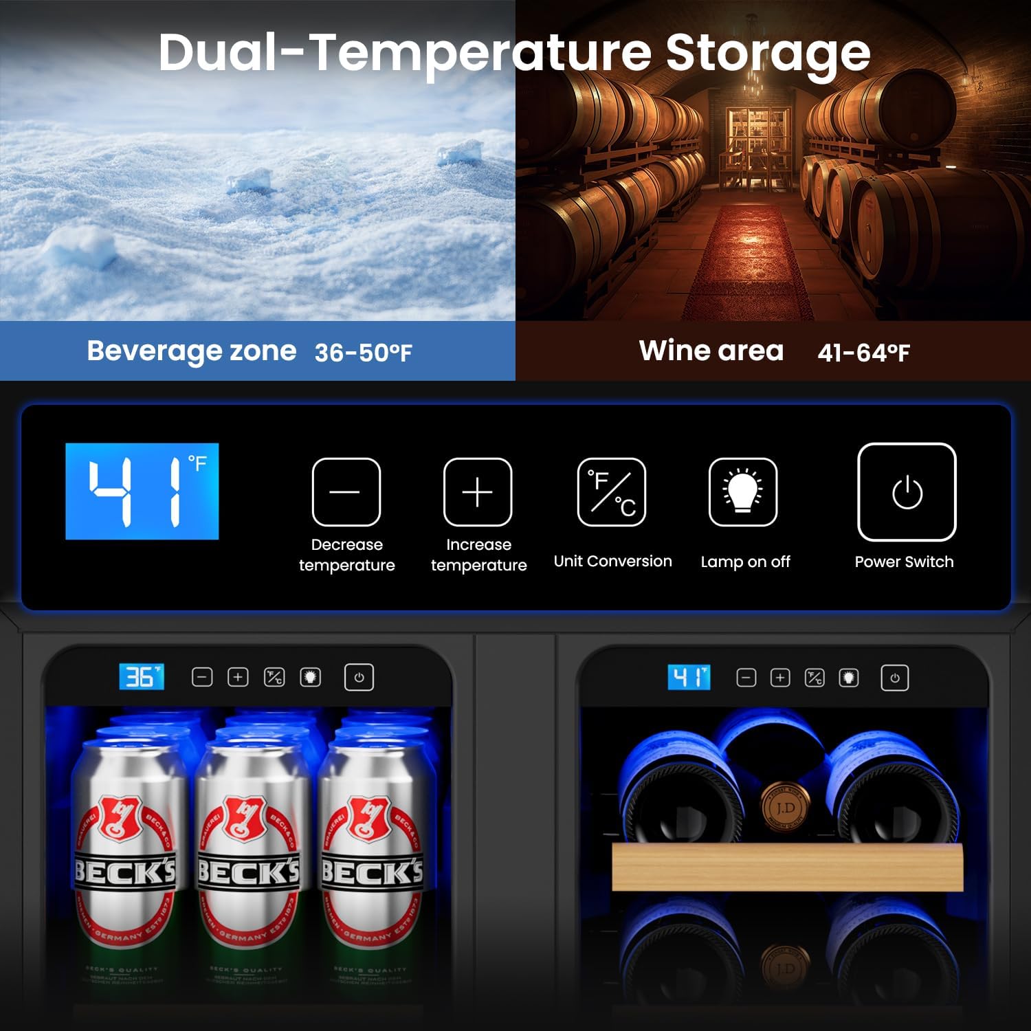 Wine and Beverage Refrigerator 24'', Dual Zone Wine Fridge Built in or Freestanding, Beverage Cooler with Glass Door holds 21 Bottles and 88 Cans, Upgrade Cooling Low Noise for Kitchen, Bar, Office