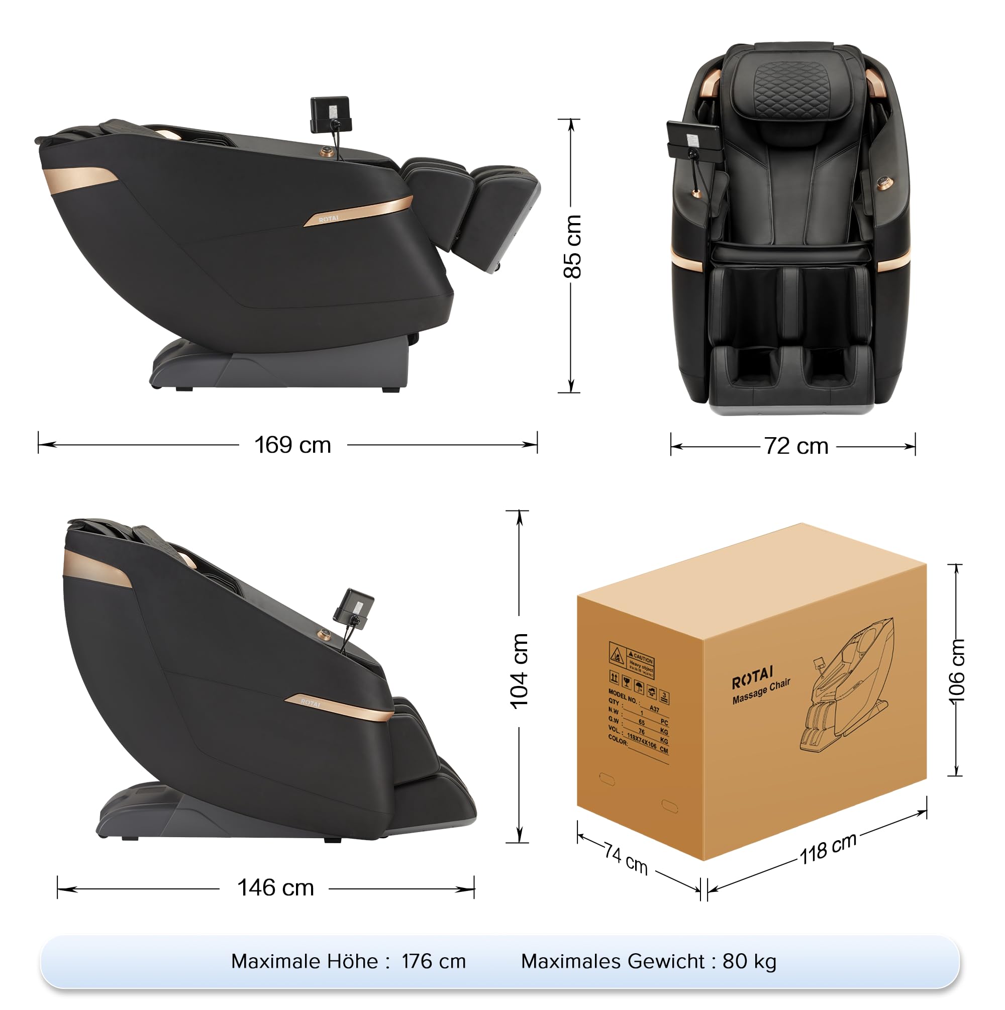 ROTAI Massagesessel -Ganzkörpermassage mit Heizung & Zero-G, 22 Automatikprogramme, Bluetooth-Musik, Ganzkörper-Knetmassage