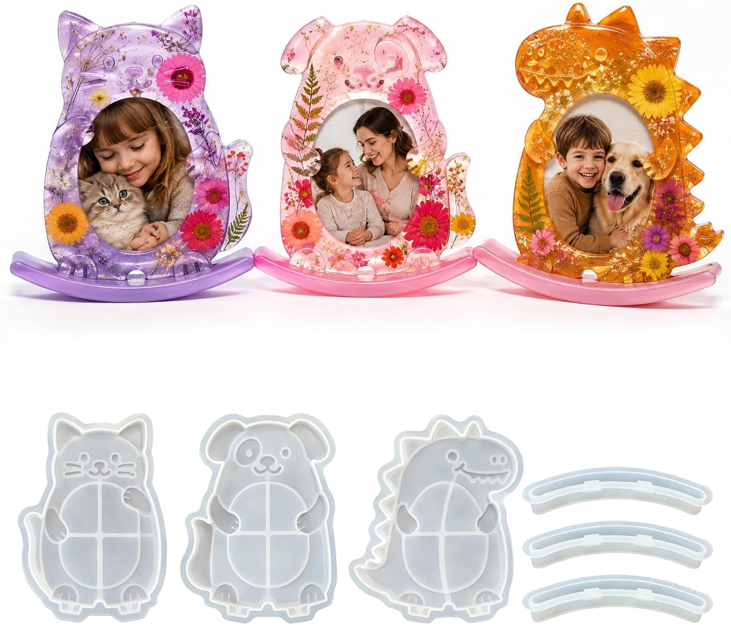 Photo Frame Resin Molds, 3 Set Small Size Picture Frame Molds for Epoxy Resin with Stand Holder, Semi-Circular, Heart& Hexagonal Shape Ornament Silicone Mold for Gift Home Decor