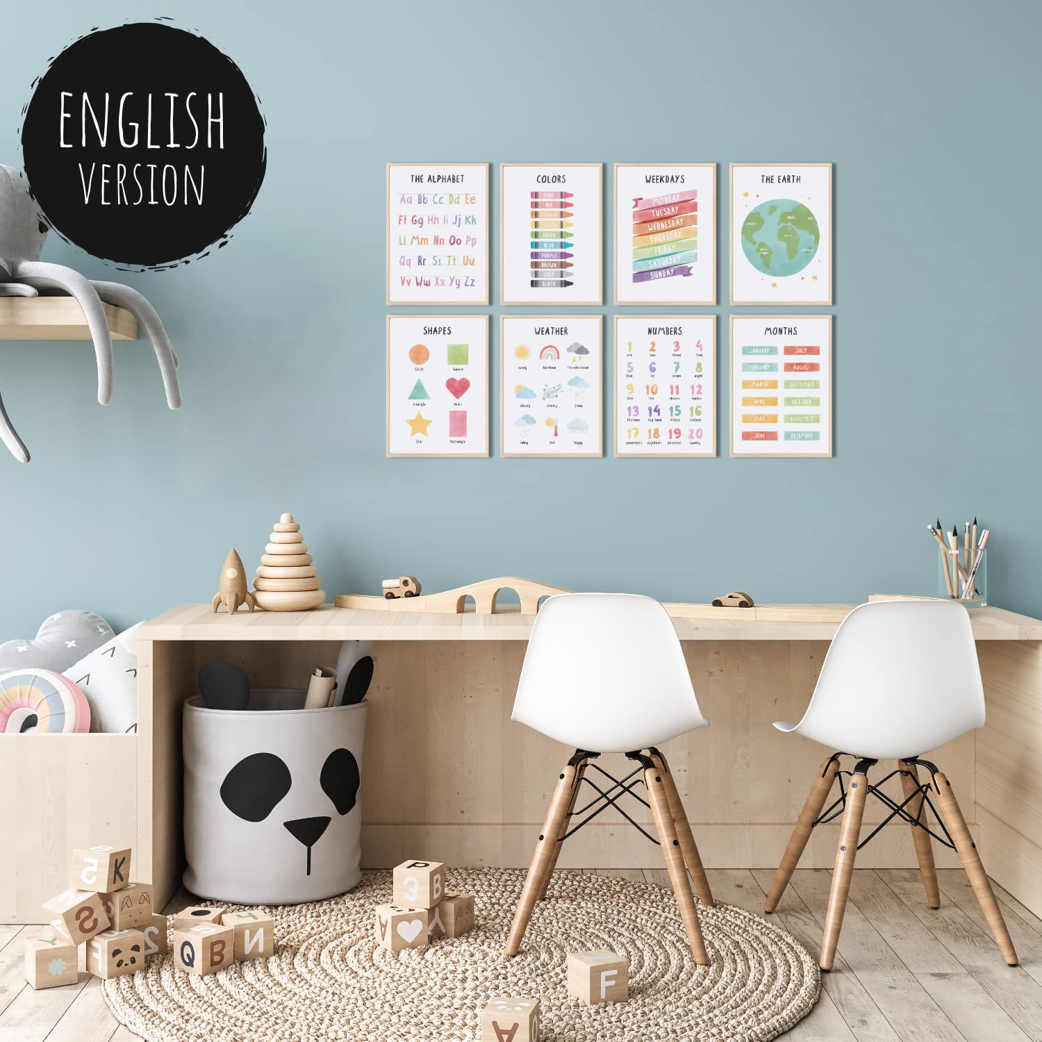 MeinBaby123® Poster educativo in inglese, immagini per cameretta dei bambini, set da 8 pezzi, formato A4 e A5, alfabeto ABC, numeri, scuola materna, scuola elementare, poster da parete di alta qualità