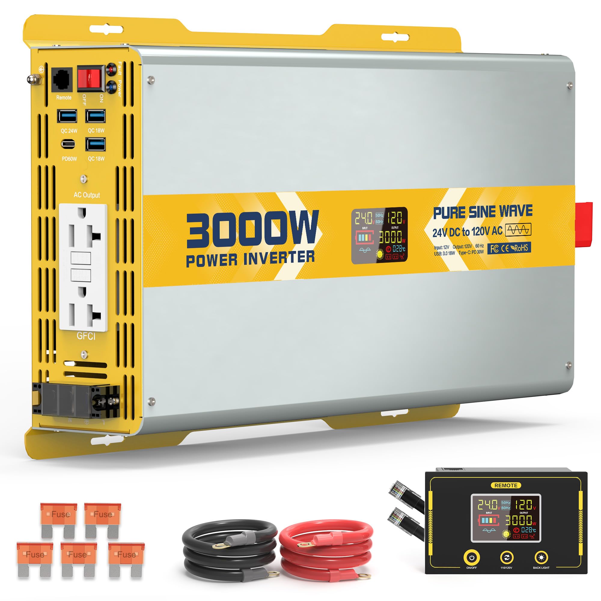 XWJNE 3000W Pure Sine Wave Power Inverter 24V DC to 120V GFCI AC Converter with LCD Display and Remote for Home, RV, Truck, Off-Grid Solar Power