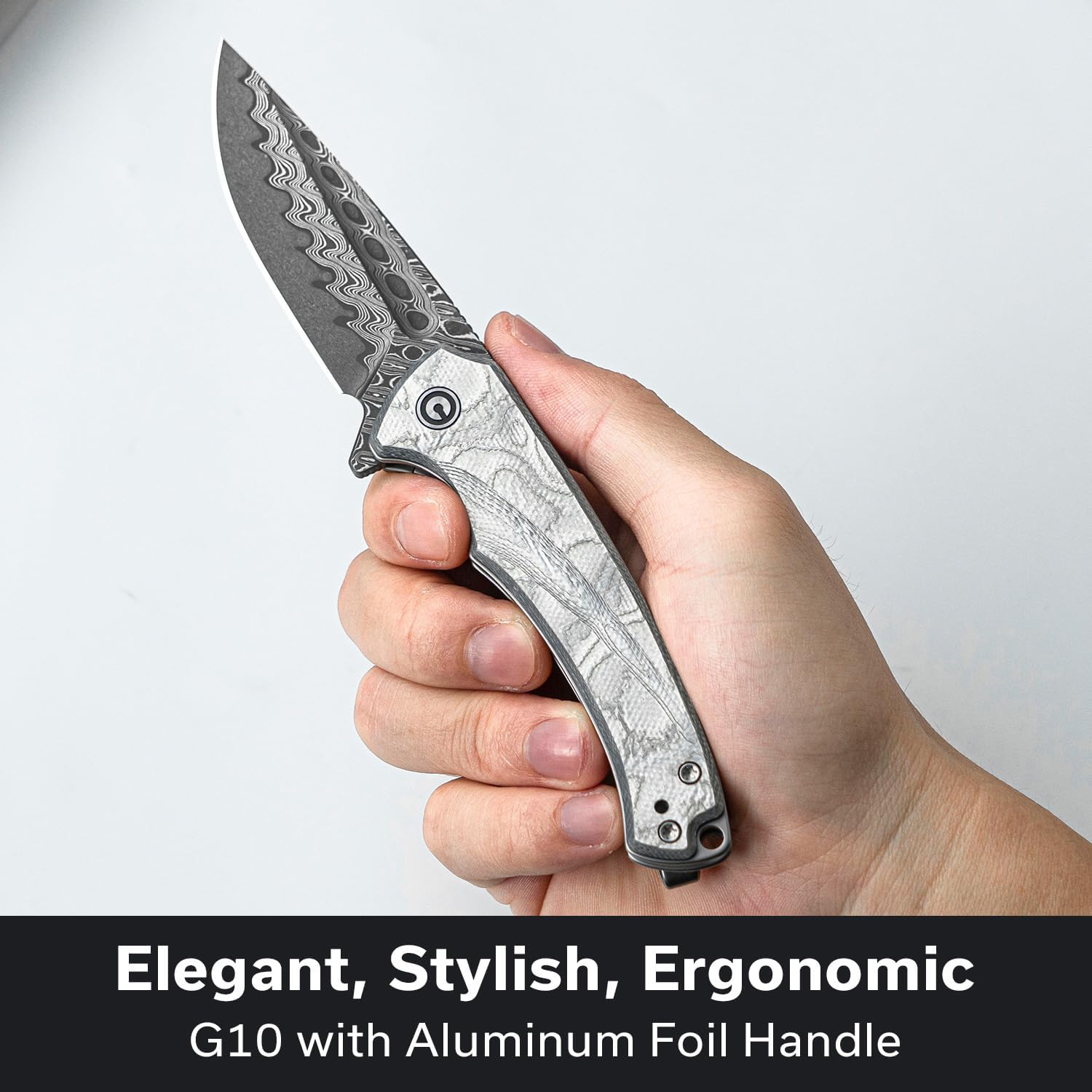 CIVIVI Voidflare EDC Pocket Knife, 2.92" Damascus Blade G10 with Aluminum Foil Handle, Reversible Deep-carry Clip for Camping Hiking C24040-DS1