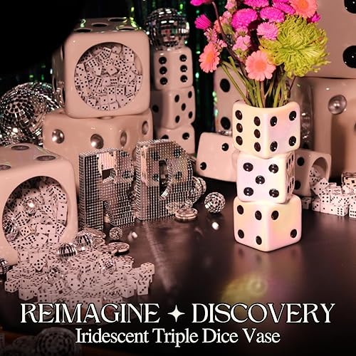 Miniatura 3 de Jarrón iridiscente de triple dado, jarrón de cerámica Maximalist para decoración del hogar, accesorios de escritorio iridiscentes para oficina,