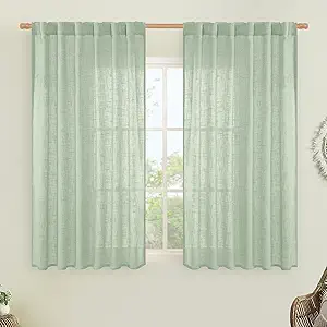 LAMIT Semi Sheer Linen Curtains 45 Inches Long, Light Filtering Panels Back Tab and Rod Pocket Neutral Drapes for Kitchen/Window/Bedroom, Fresh Green, 2 Panels, 52 x 45 Inch