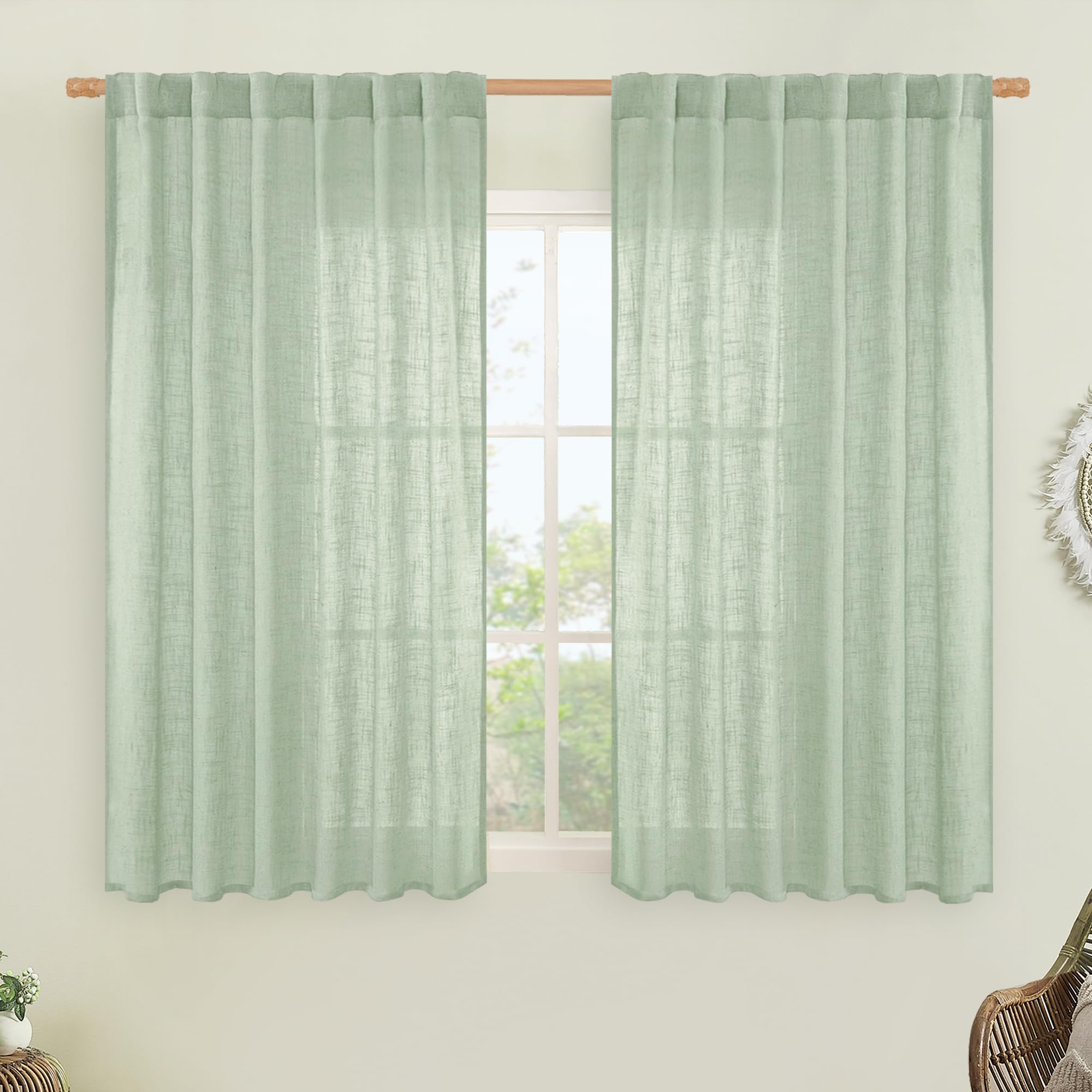 LAMIT Fresh Green Linen Curtains 54 Inch Length, Light Filtering Panels Back Tab and Rod Pocket Neutral Drapes for Living Room/Window/Bedroom, 52 x 54