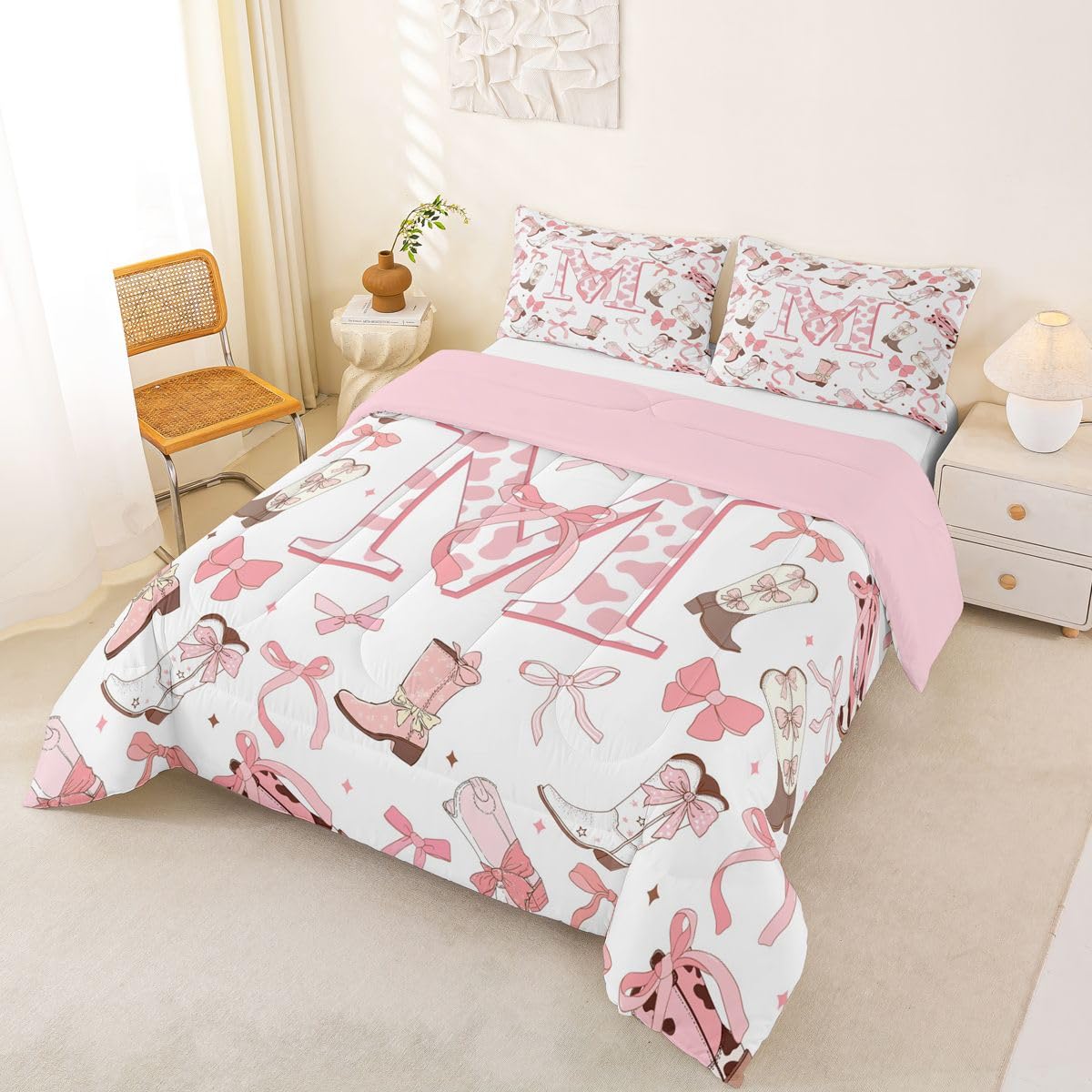 Homewish Różowy zestaw pościeli Cowgirl King - uroczy węzeł z kokardą zestaw pościeli zachodnie kowbojki zestaw kołdry - inicjał M monogram krowa nadruk poszewka na kołdrę
