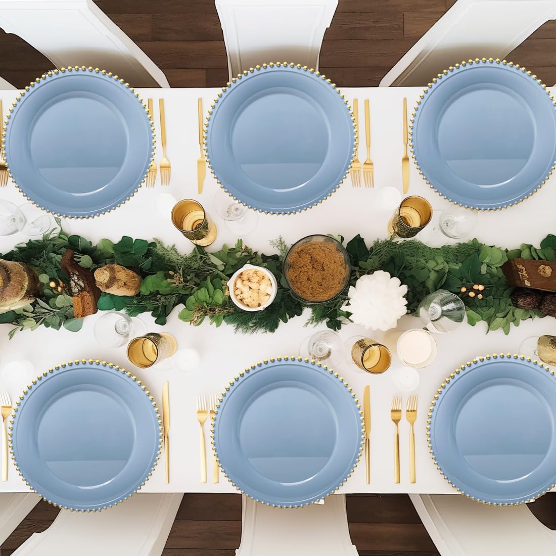 Blue Beaded Charger Plates, 13 Inch Plastic Round Chargers for Dinner Plates, Party, Wedding, Birthday.Set of 6