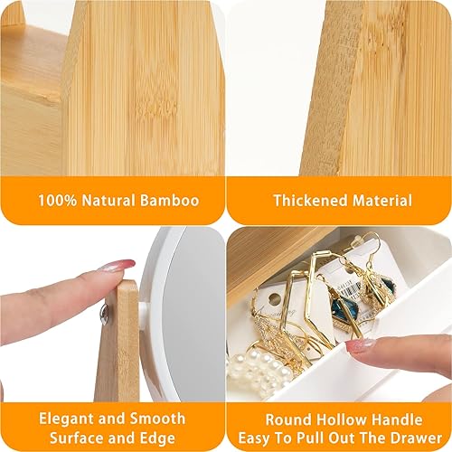 Miniatura 5 de YEAKE Espejo de maquillaje de tocador con soporte de bambú natural, espejo de aumento de doble cara 1X3X con cajón, espejo portátil de mesa pequeño