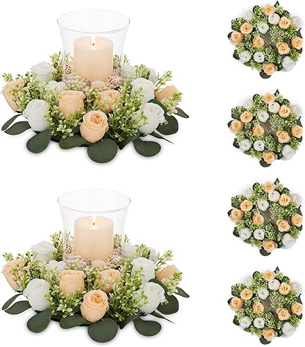 NUPTIO - Anillos para velas y flores artificiales, 6 piezas de 14 pulgadas diámetro, corona de rosas artificiales champaña y blanco, centro de mesa